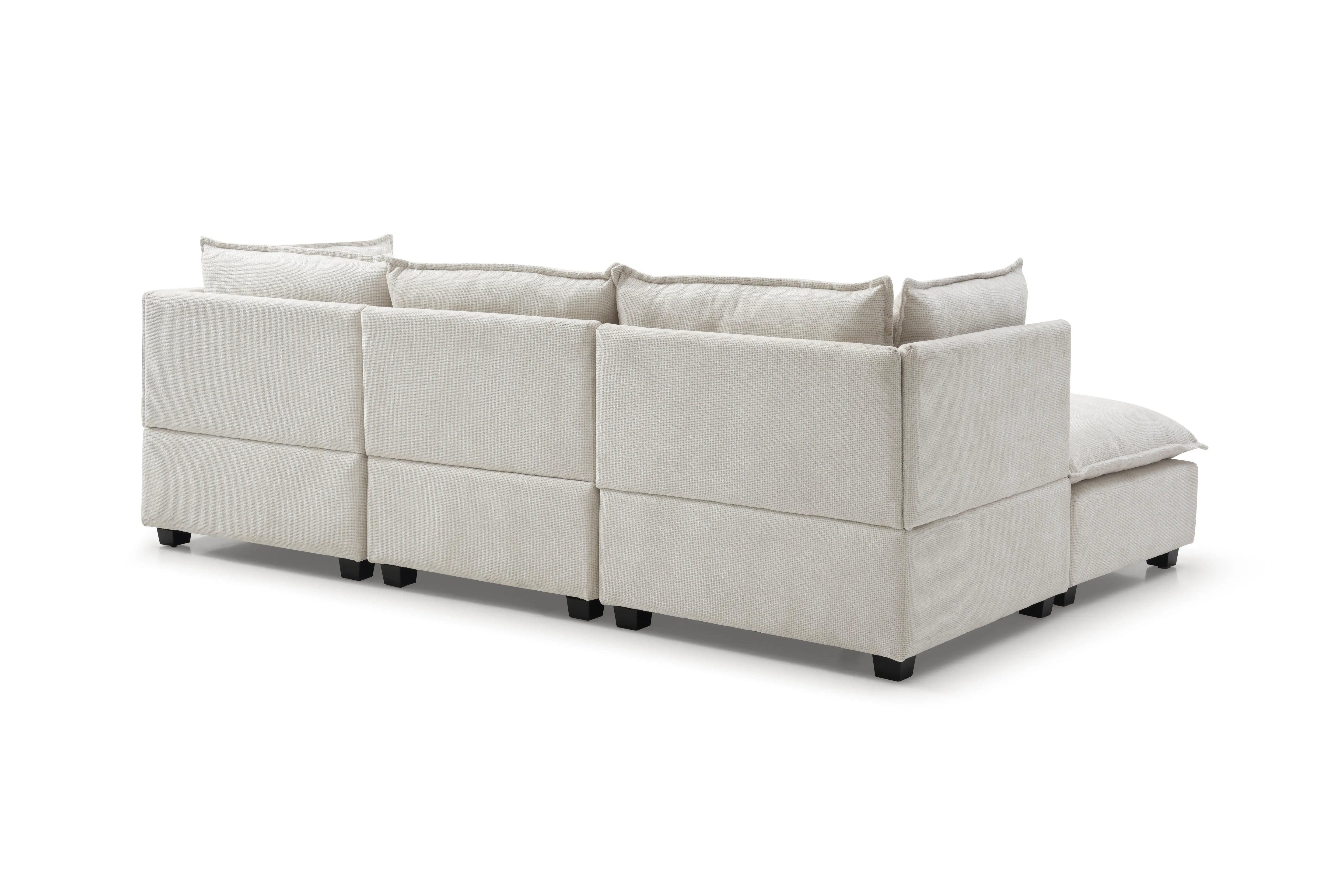 Plush Modular Sectional Sofa, L-Shaped Couch with Ottoman, Beige