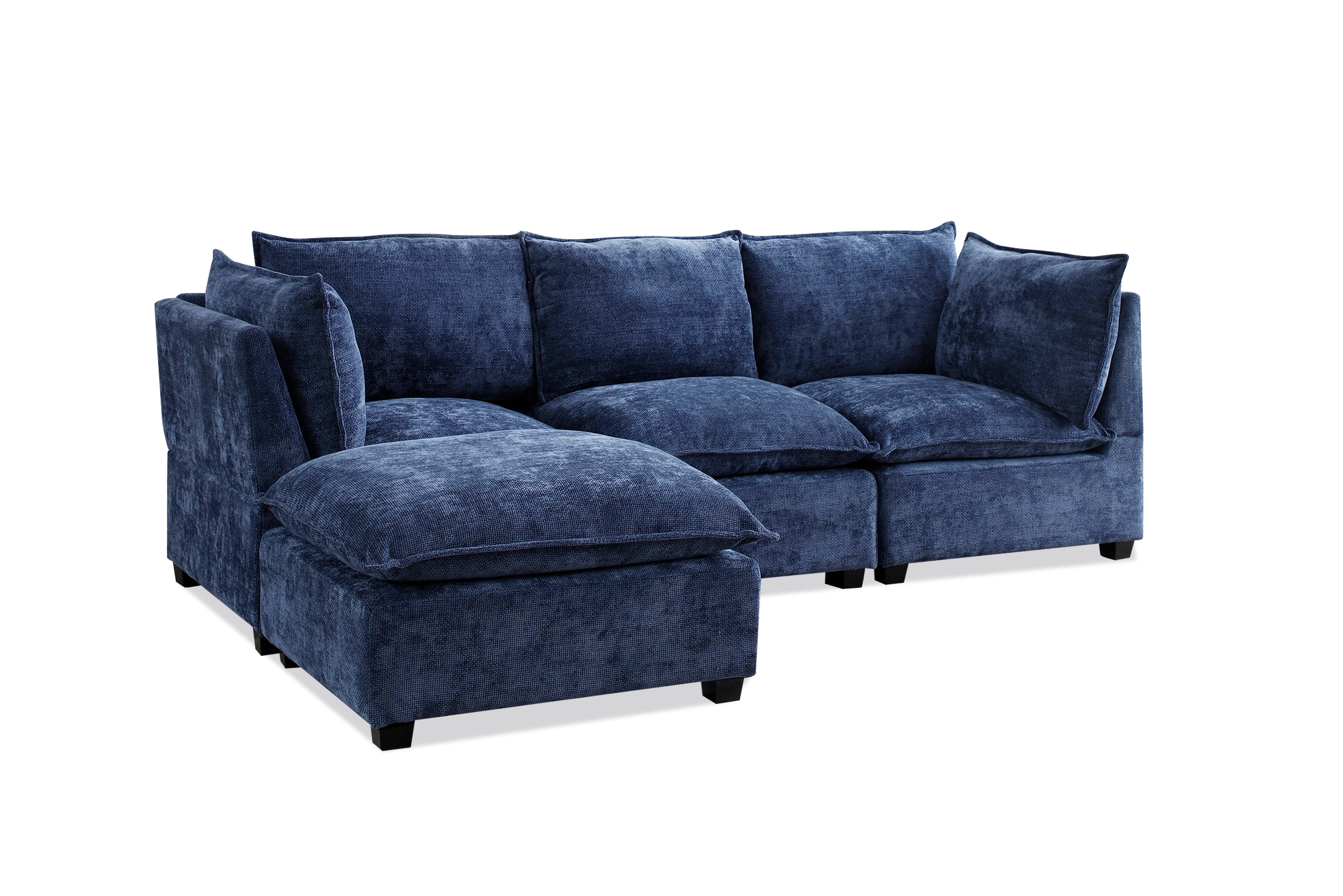 Plush Modular Sectional Sofa, L-Shaped Couch with Ottoman, Blue