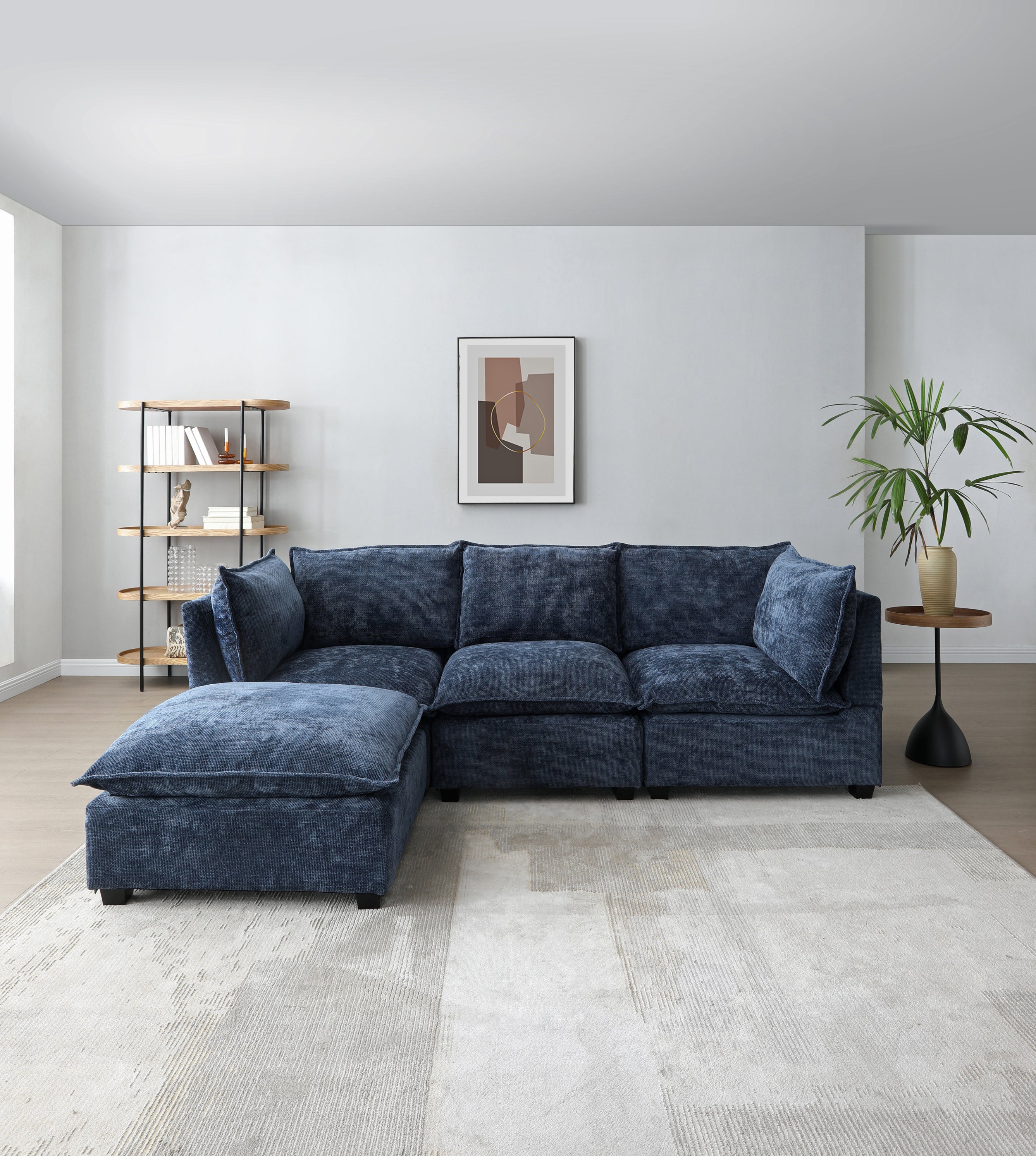 Plush Modular Sectional Sofa, L-Shaped Couch with Ottoman, Blue