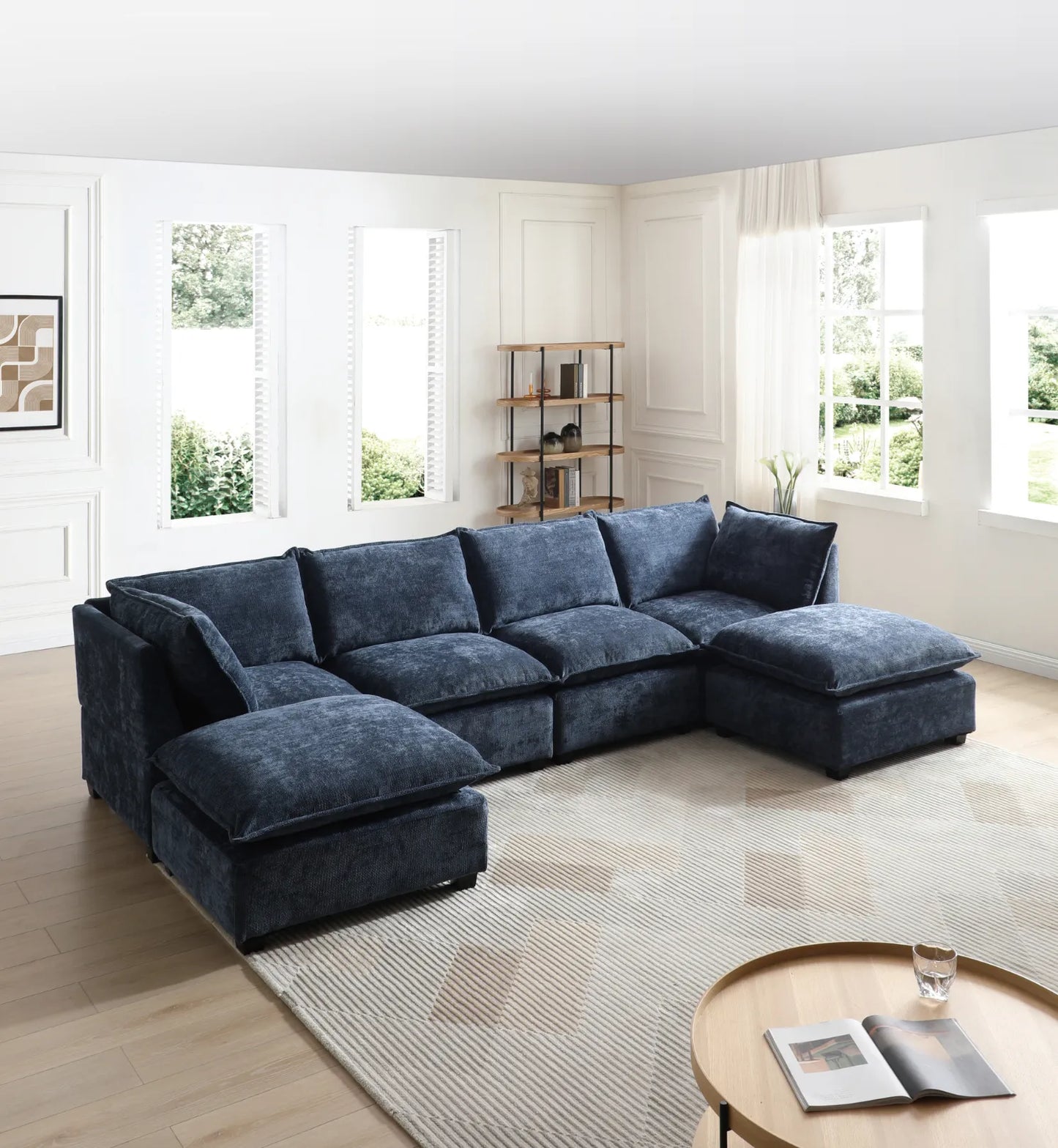 Large Cloud Sectional Sofa, Linen U Shaped Couch with Ottomans, Blue