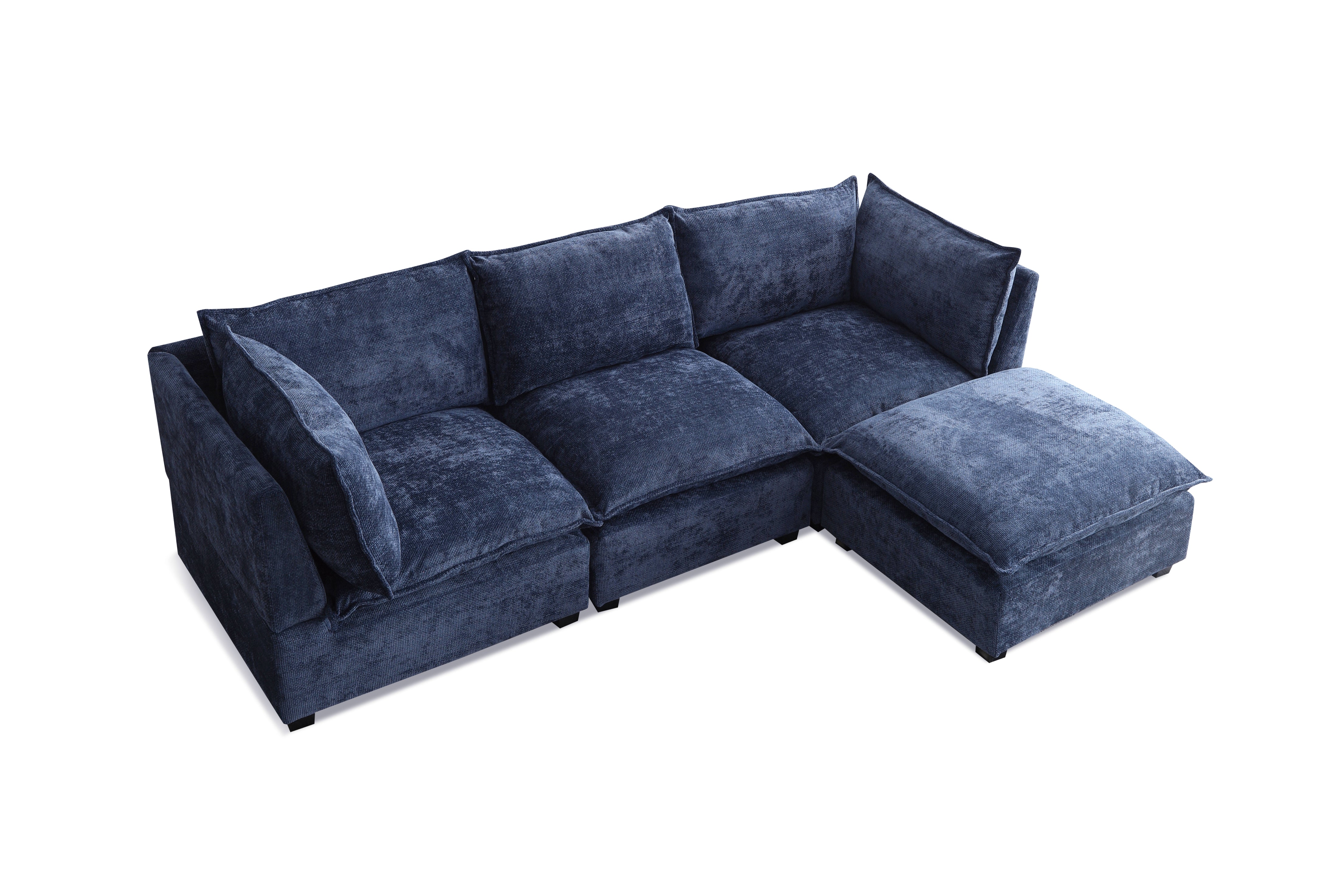 Plush Modular Sectional Sofa, L-Shaped Couch with Ottoman, Blue