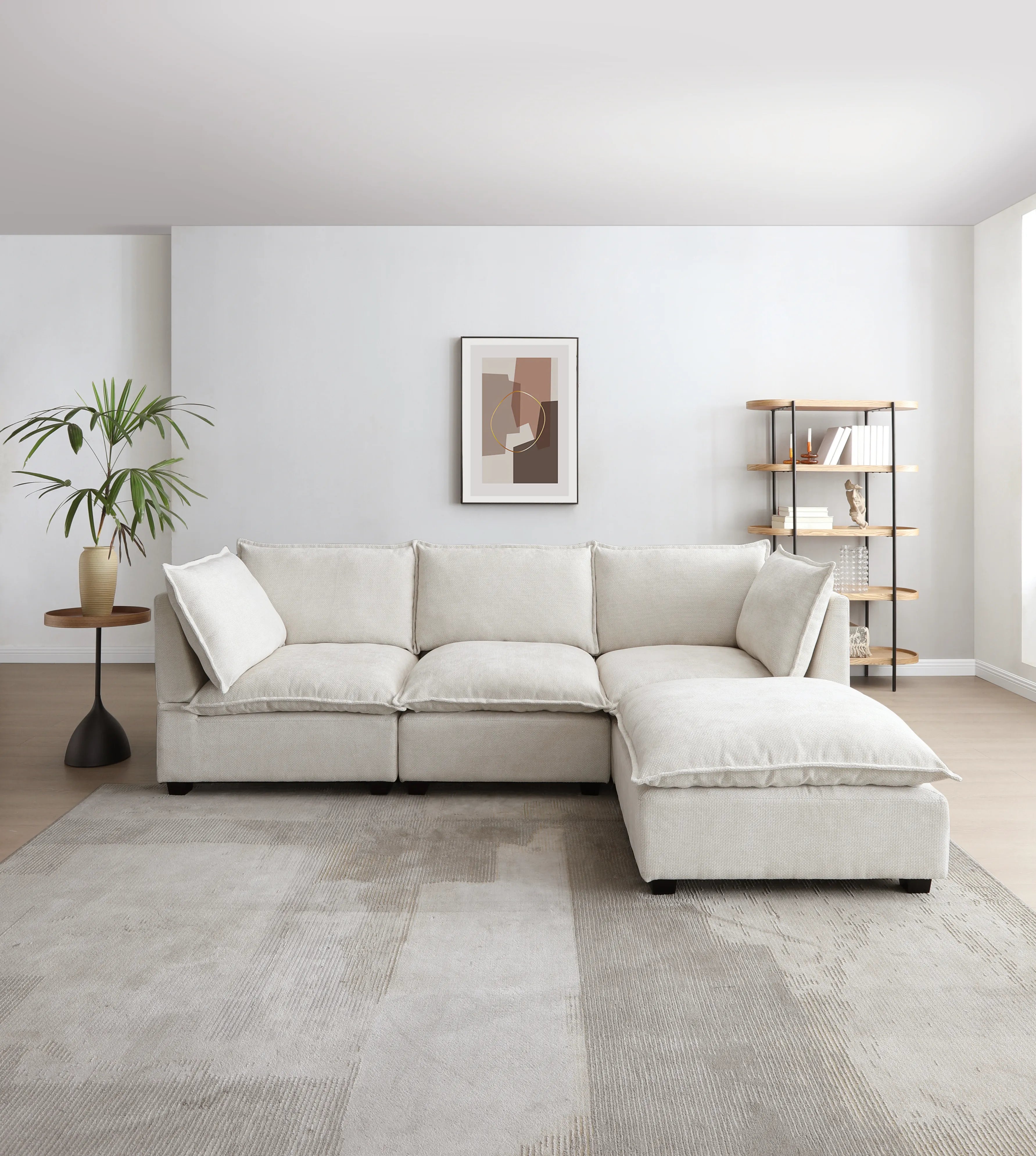 Plush Modular Sectional Sofa, L-Shaped Couch with Ottoman, Beige