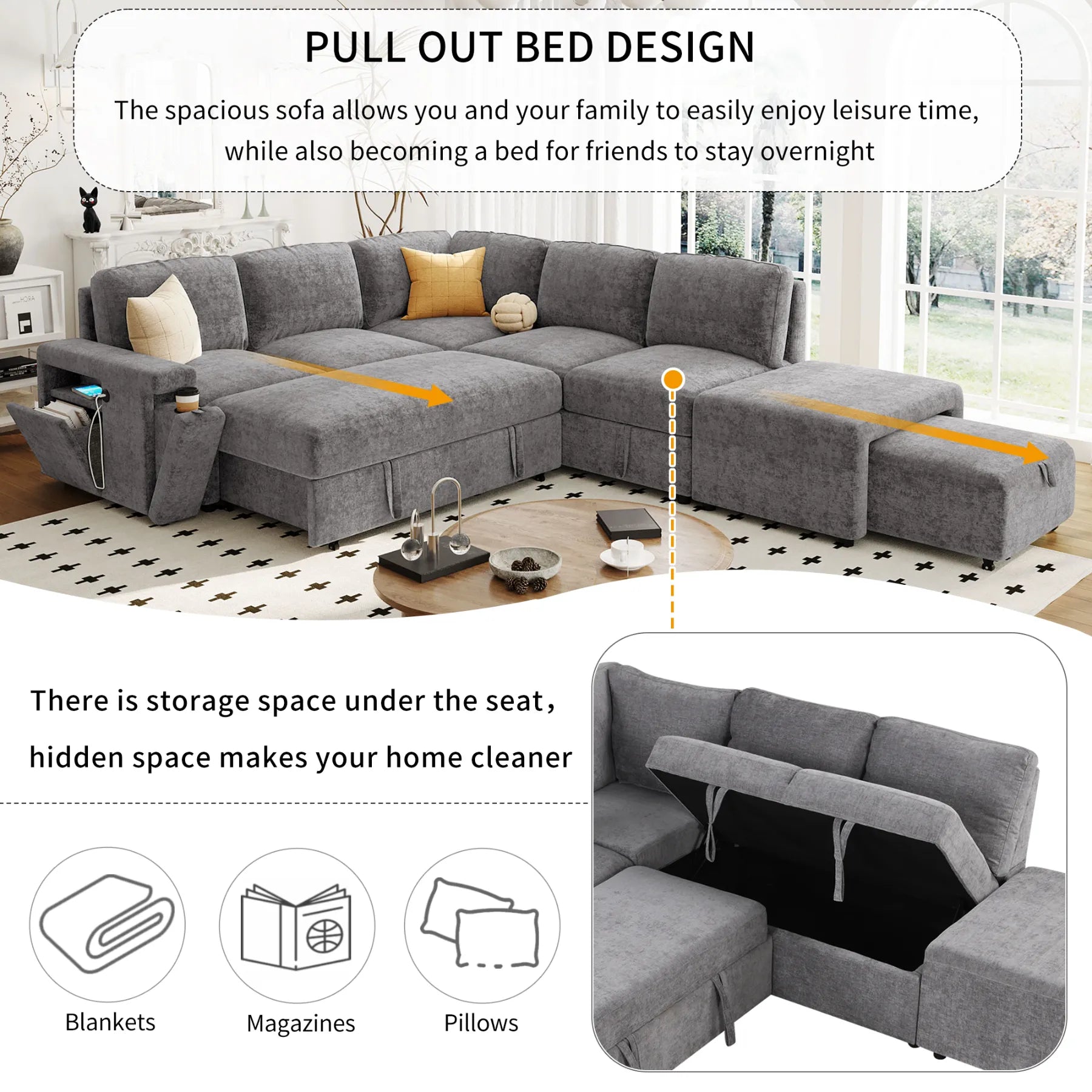 Sleeper Sectional, Sofa L Shape, Couch with Ottoman and Storage, Gray