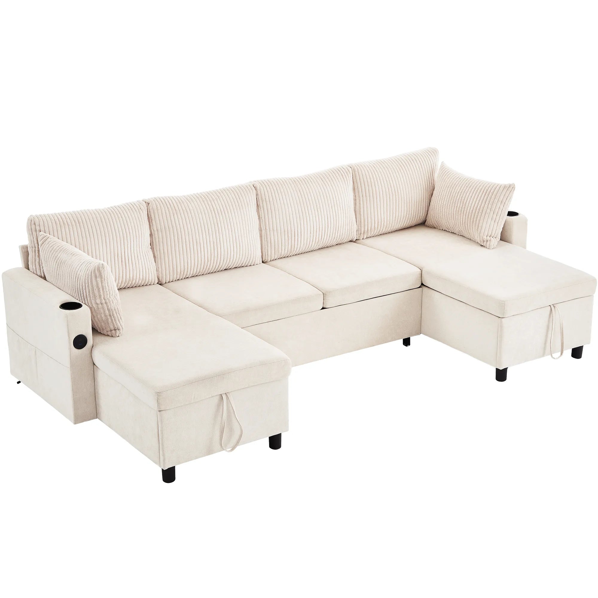Corduroy Couch with Chaise Sleeper, Sectional Sofa Pull-Out, Beige