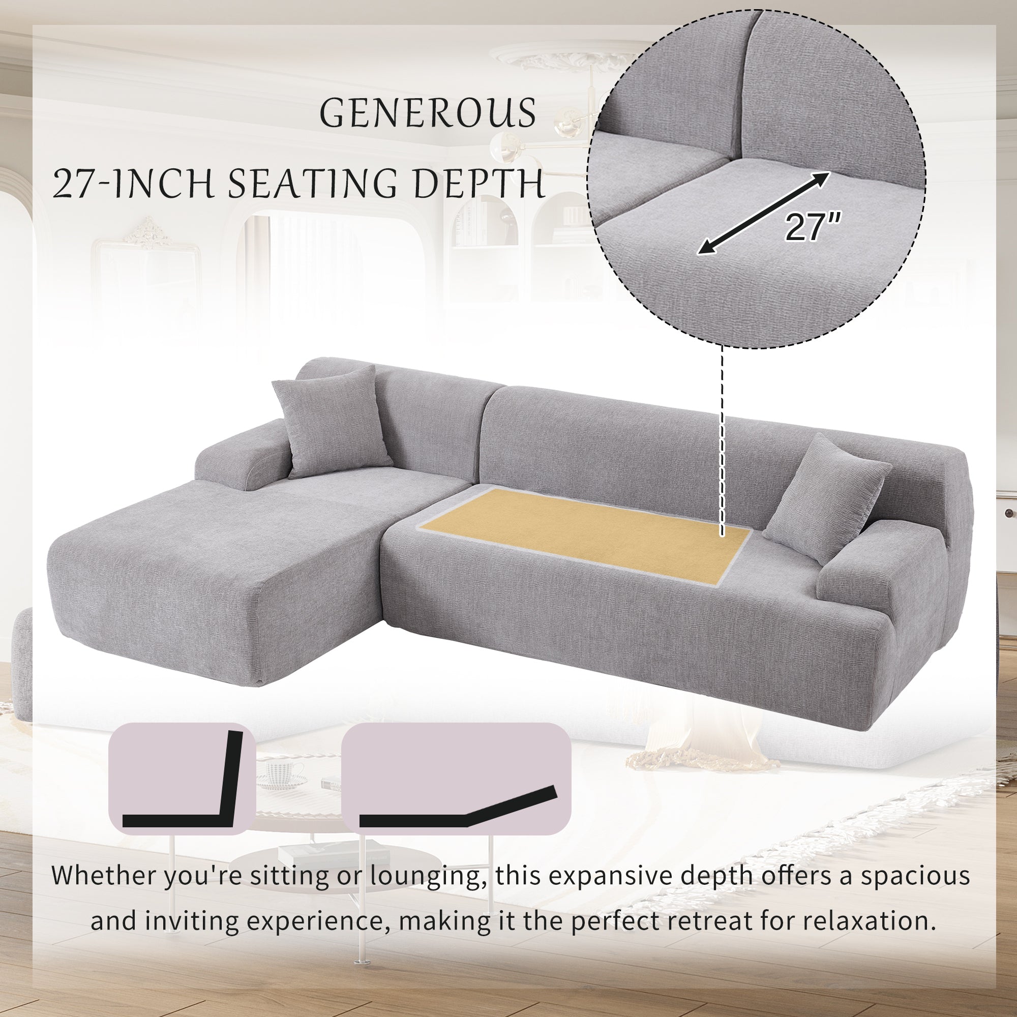 Modular Couch, L-Shaped Sofa with Chaise, Grey