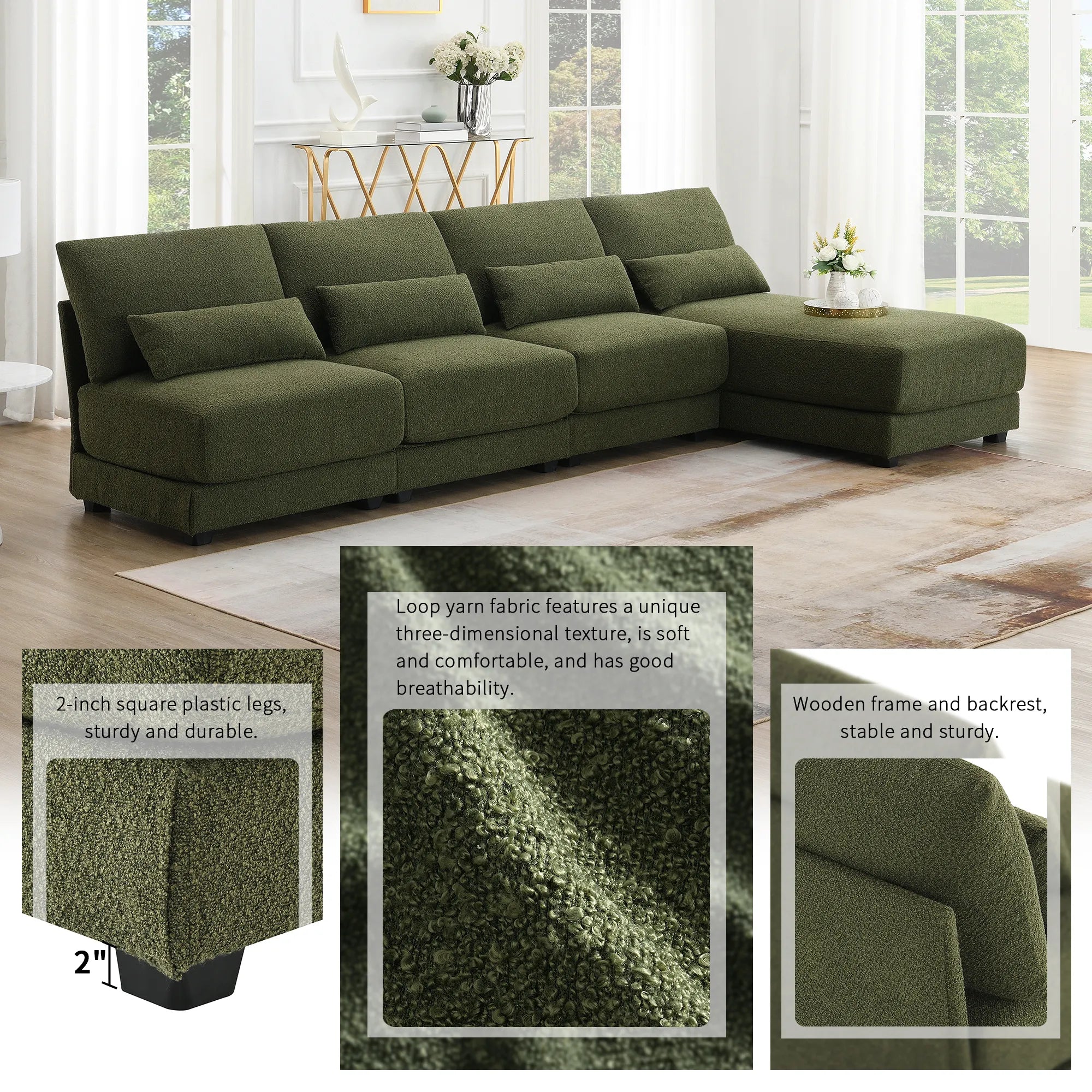 L Shape Couch, Deep Seat Sectional Sofa with Reversible Chaise, Green