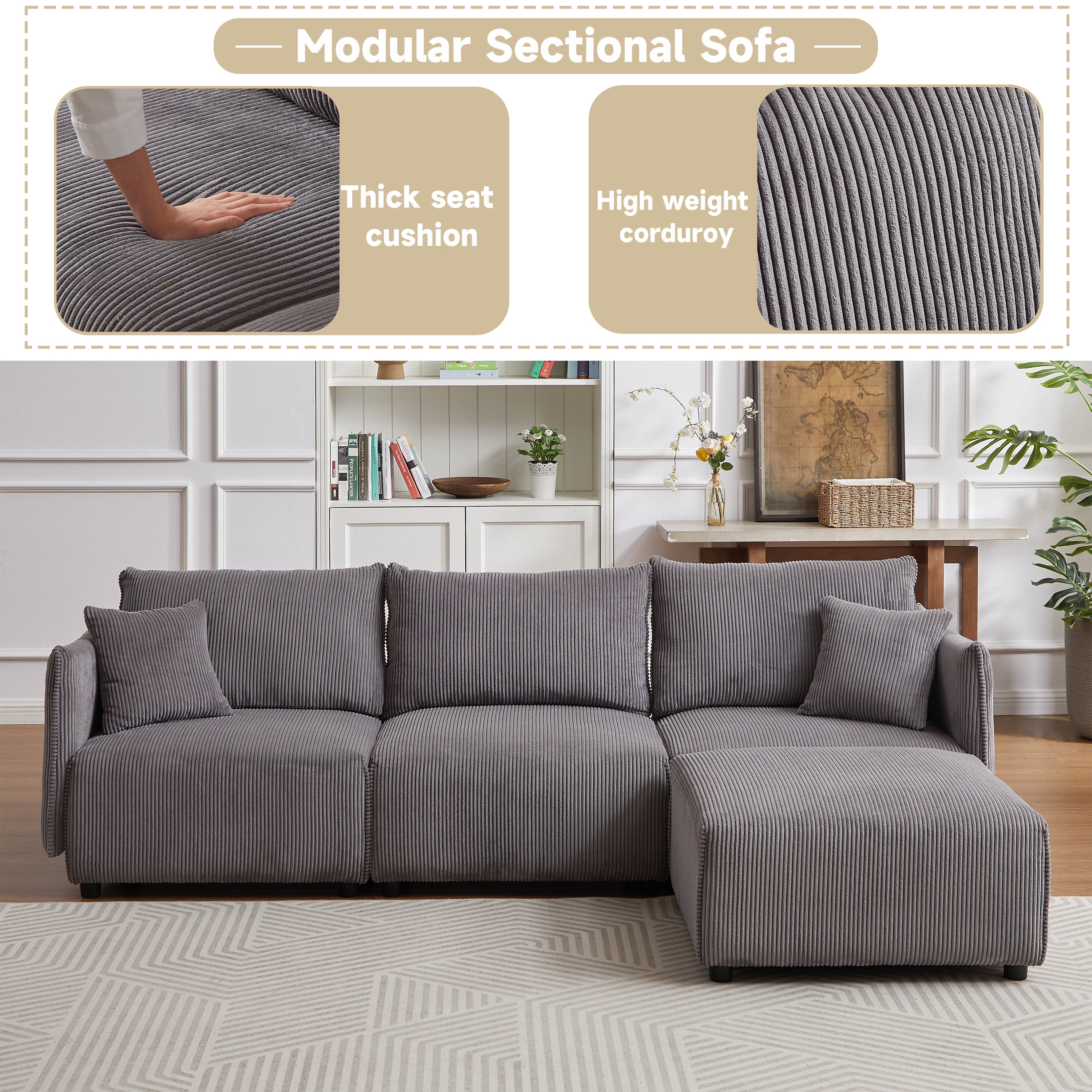L Shape Modular Sectional Sofa, Corduroy Couch with Ottoman - Gray