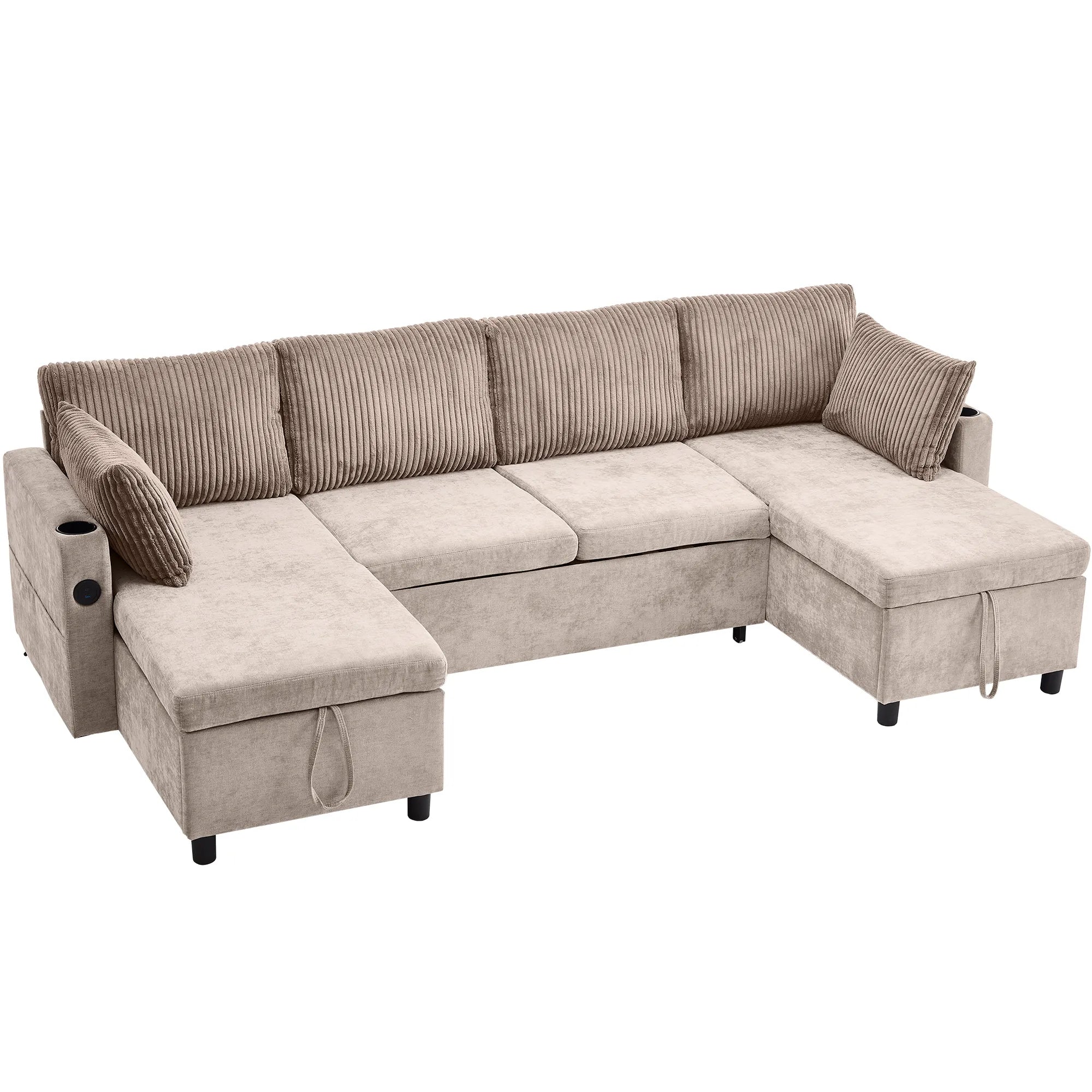 Corduroy Couch with Chaise Sleeper, Sectional Sofa Pull-Out, Brown