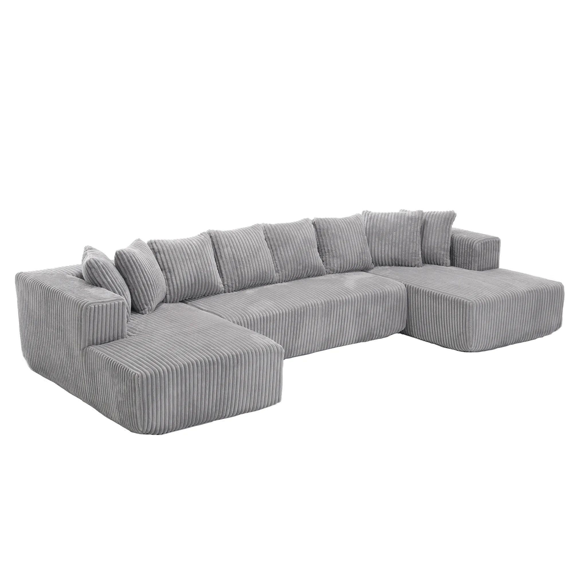 Modular U Shaped Sectional, Corduroy Couch with Double Chaise, Gray