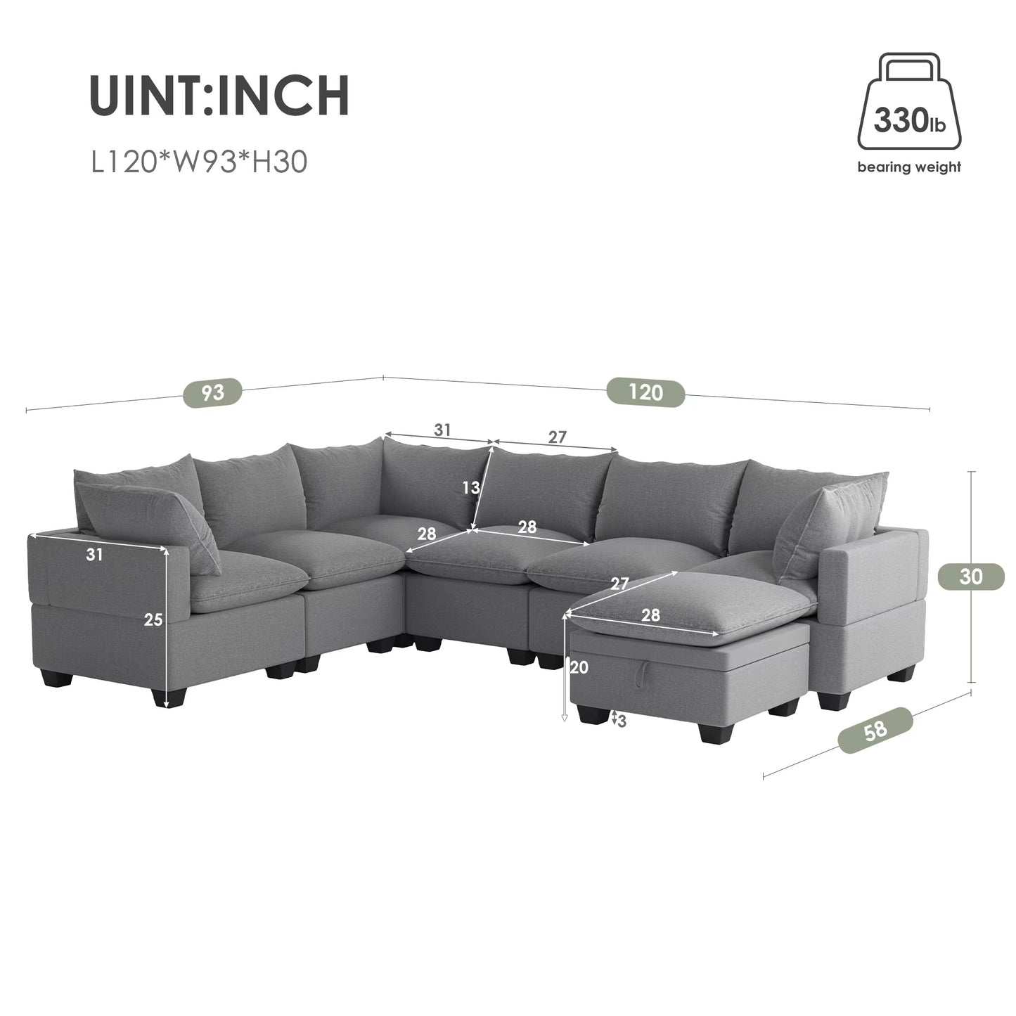 U Shaped Sectional, Modular Sofa with Ottoman and Storage, Gray