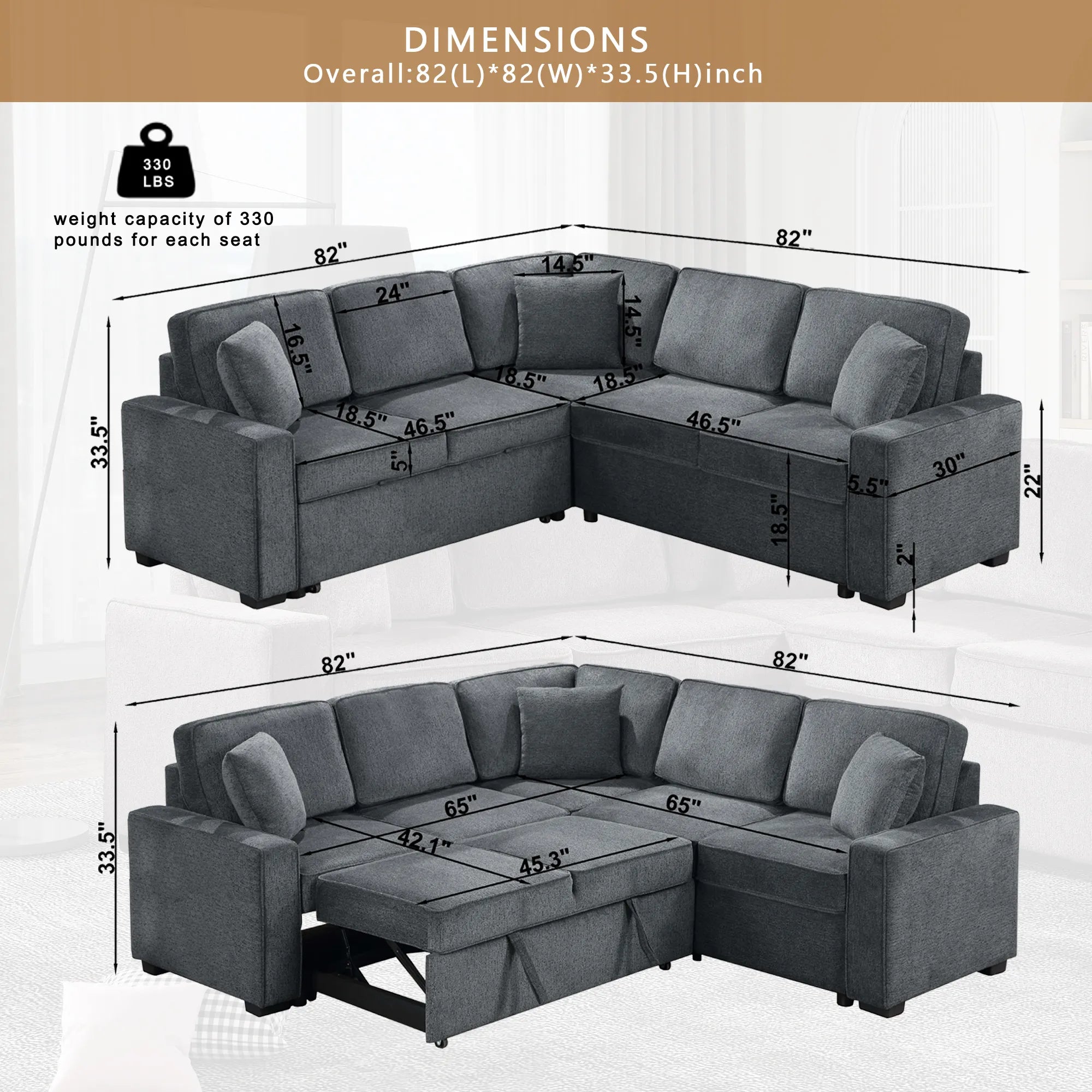 Louie Sleeper Sectional, Couch L Shape - Gray