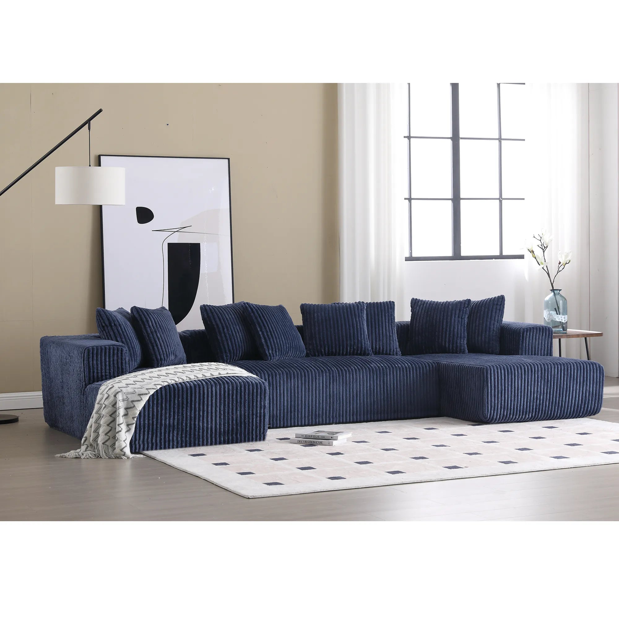 Modular U Shaped Sectional, Corduroy Couch with Double Chaise, Blue