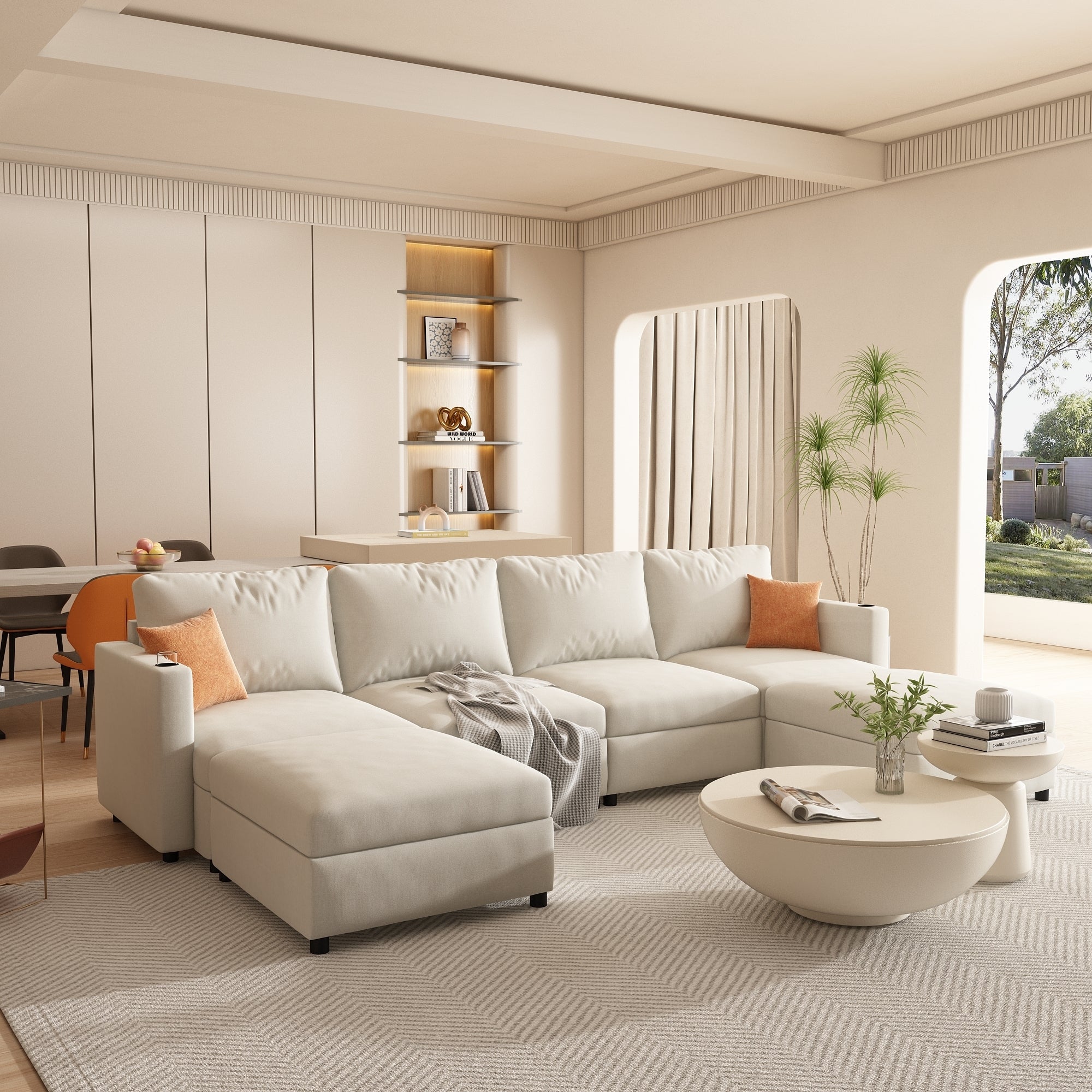 Large Sectional Couch with Storage, Sofa with Chaise- Beige