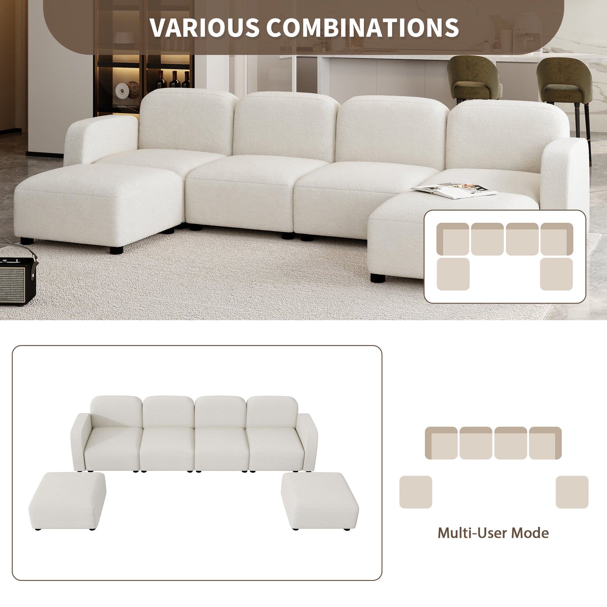 Modern U Shaped Sectional, Modular Comfy Couch with Ottoman, Beige