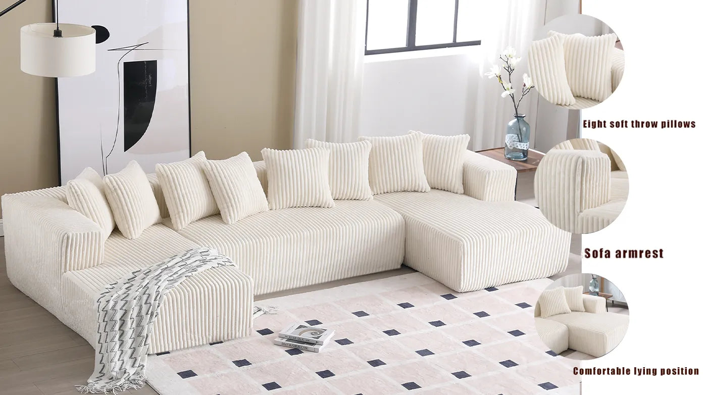Modular U Shaped Sectional, Corduroy Couch with Double Chaise, White