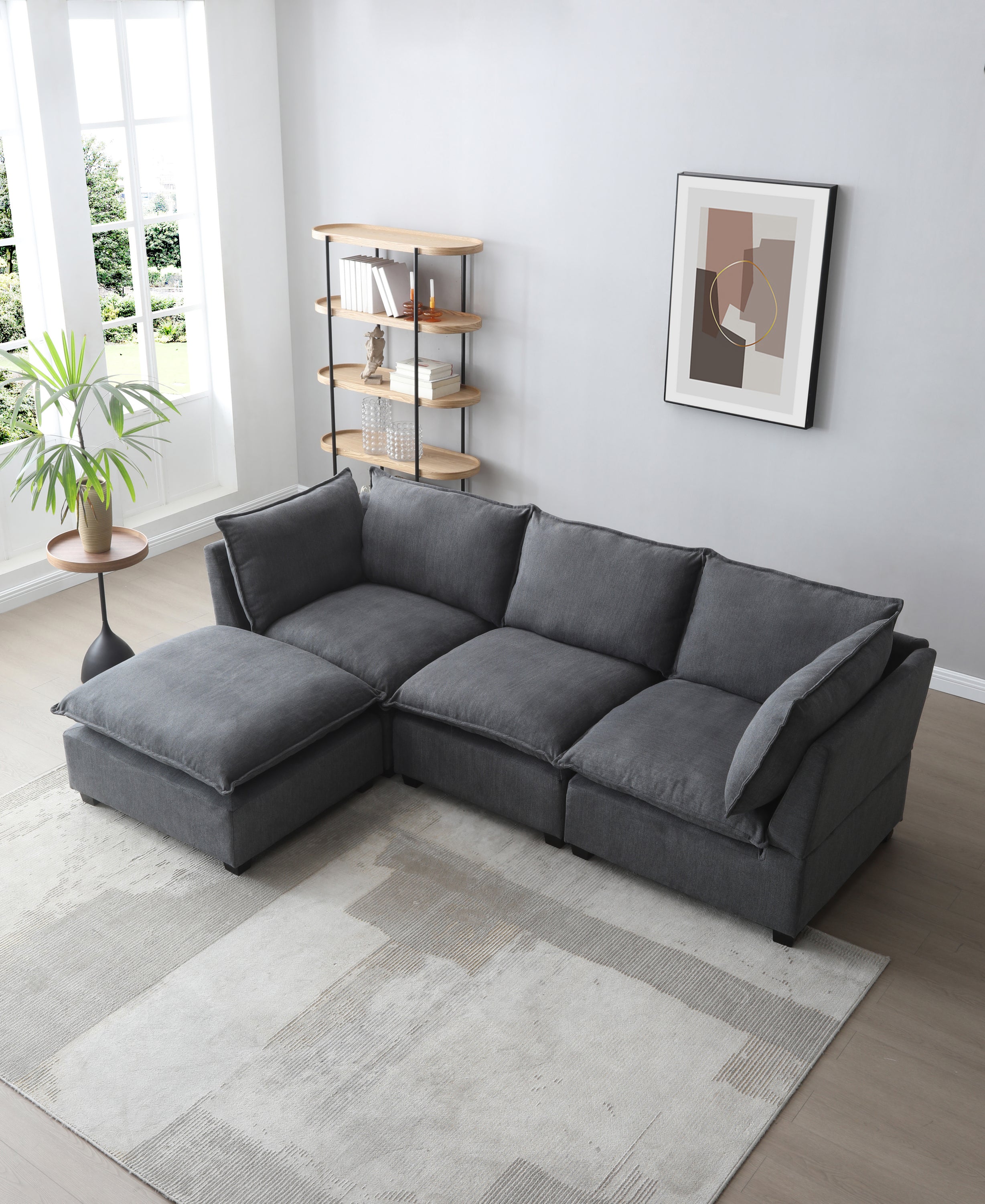Plush Modular Sectional Sofa, L-Shaped Couch with Ottoman, Gray