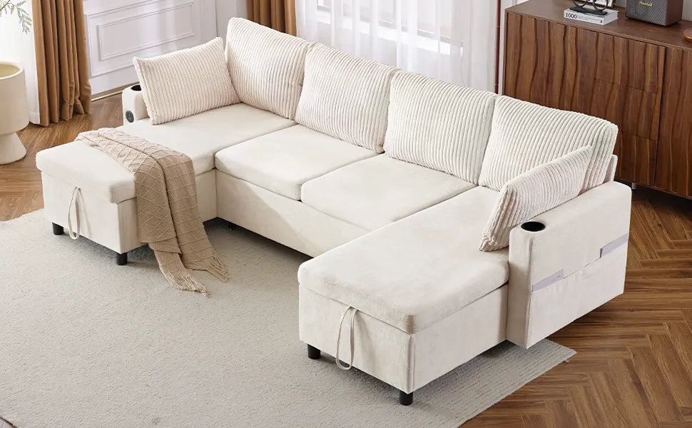 Corduroy Couch with Chaise Sleeper, Sectional Sofa Pull-Out, Beige