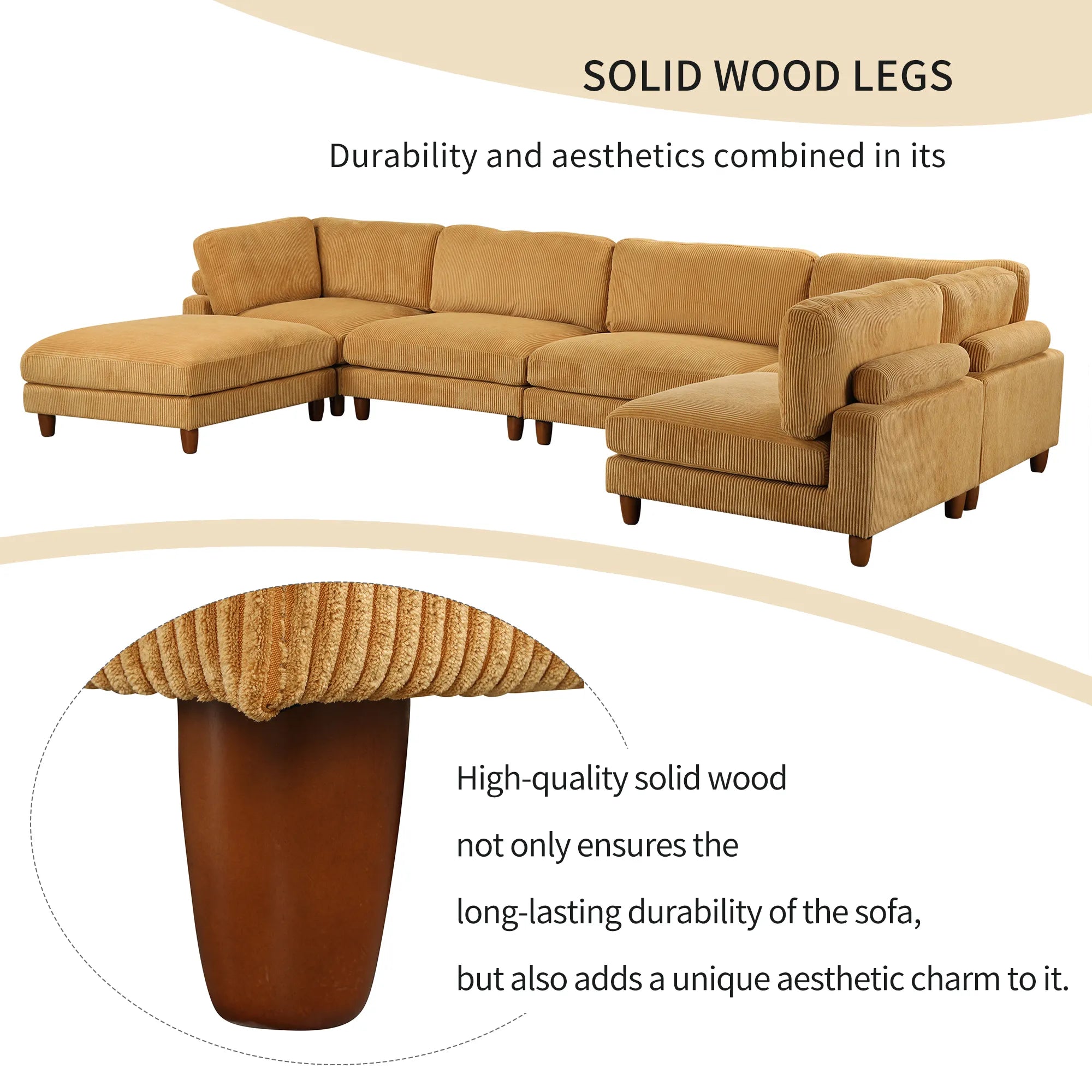 Large U-Shaped Sectional, Corduroy Couch with Ottoman, Yellow