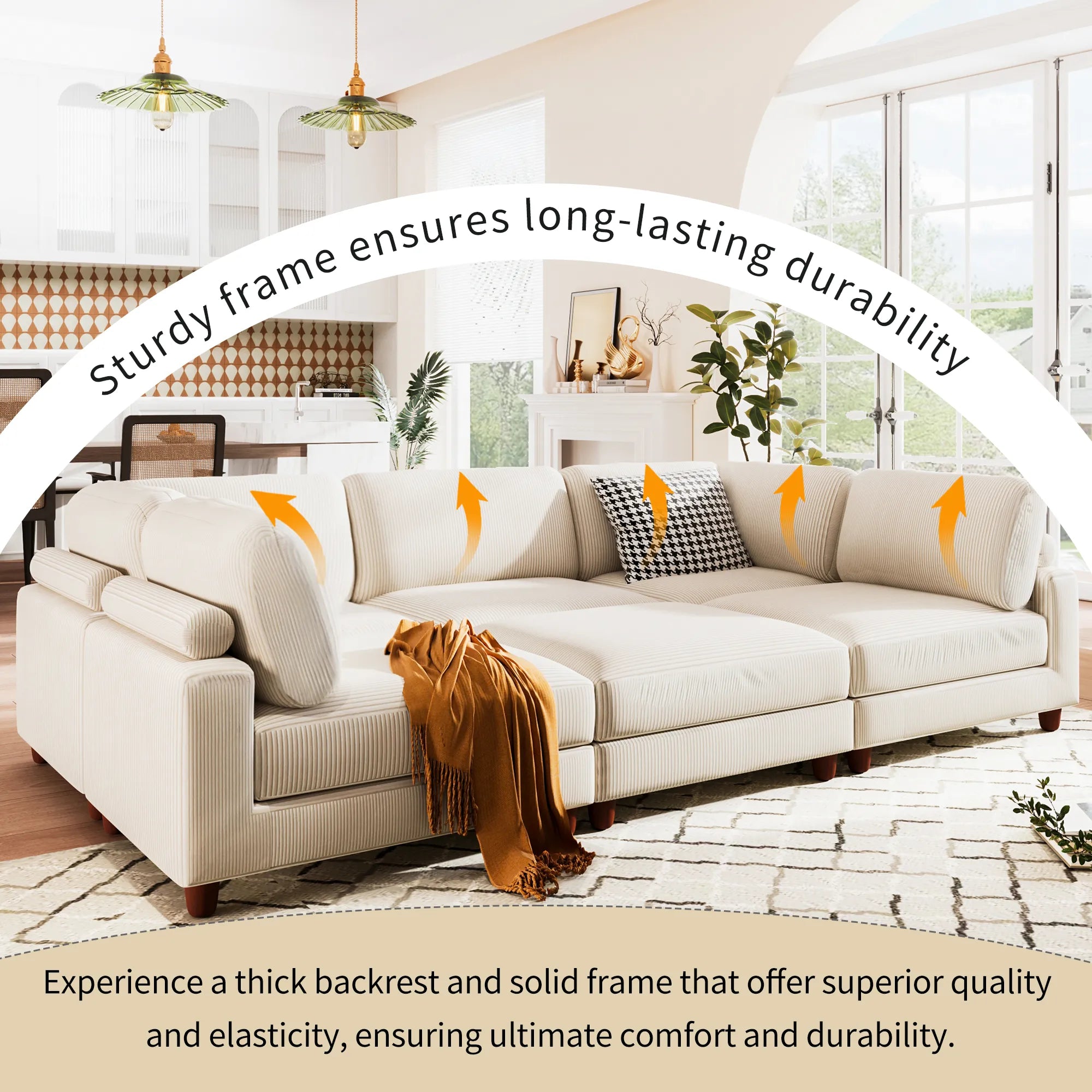Large U-Shaped Sectional, Corduroy Couch with Ottoman, Beige