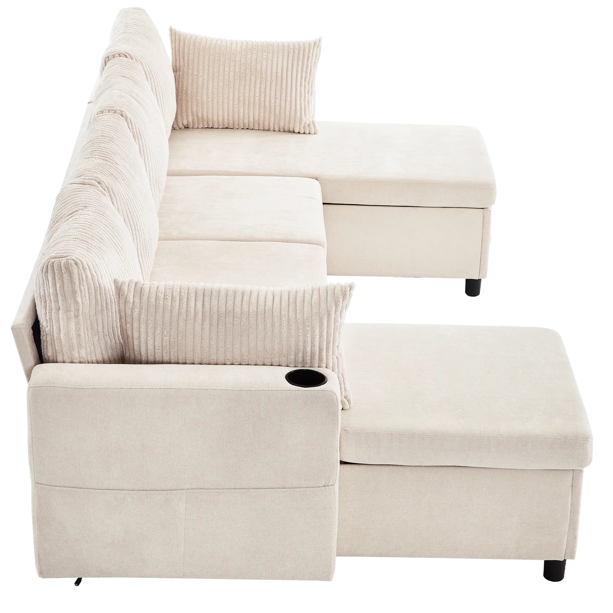 Corduroy Couch with Chaise Sleeper, Sectional Sofa Pull-Out, Beige
