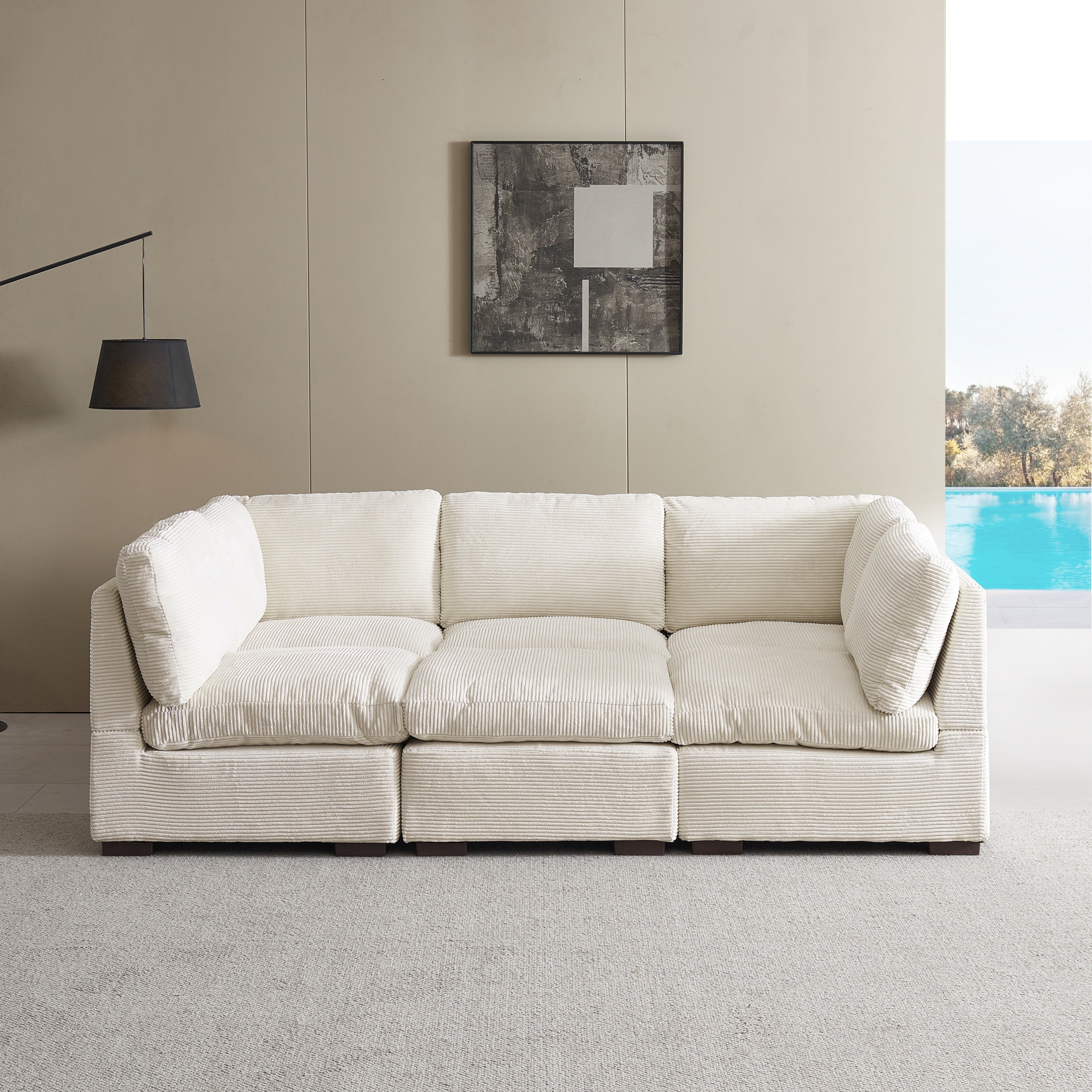 L-Shaped Couch, 6-Seat Corduroy Sofa, Couch with Ottoman, Beige
