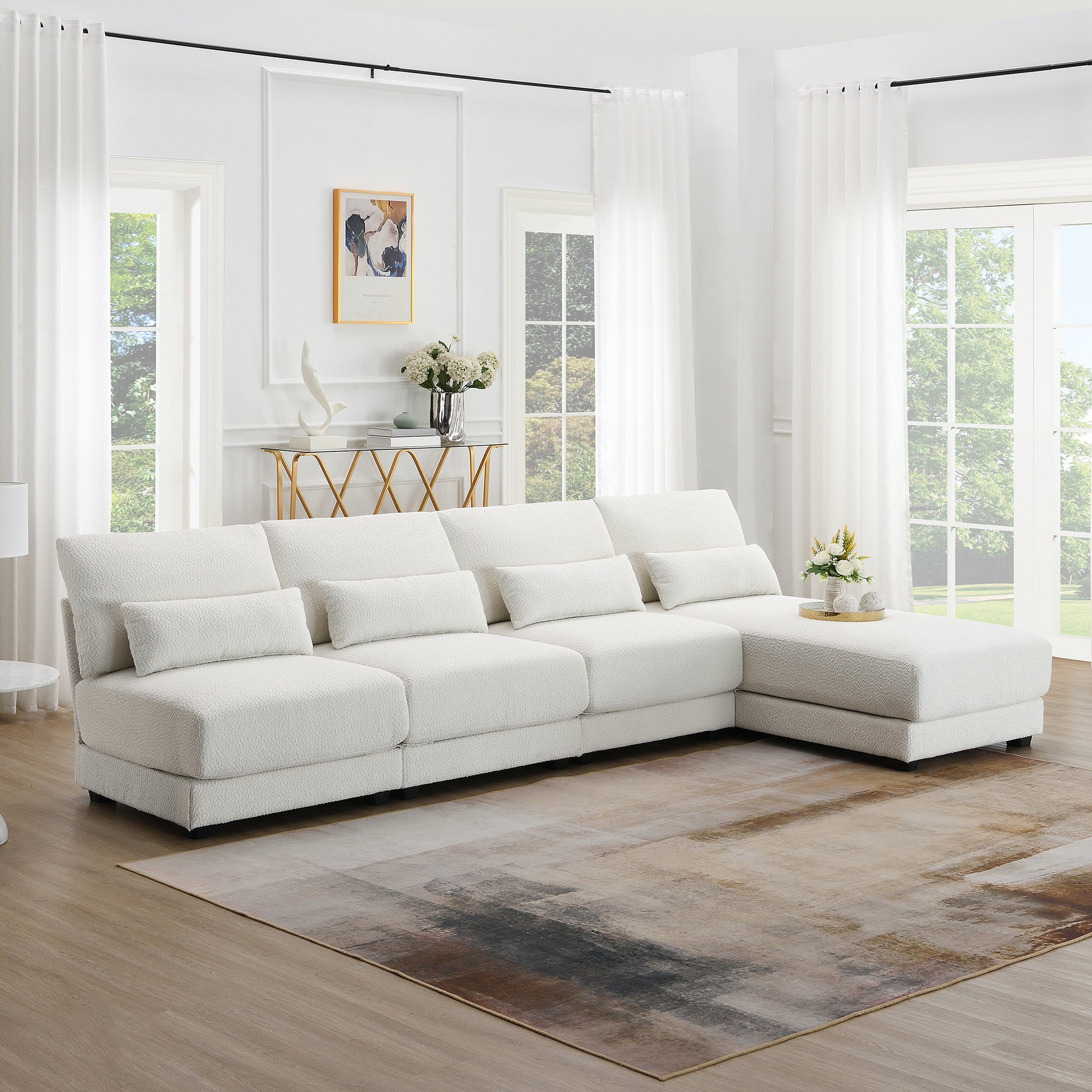 L Shape Couch, Deep Seat Sectional Sofa with Reversible Chaise, Cream