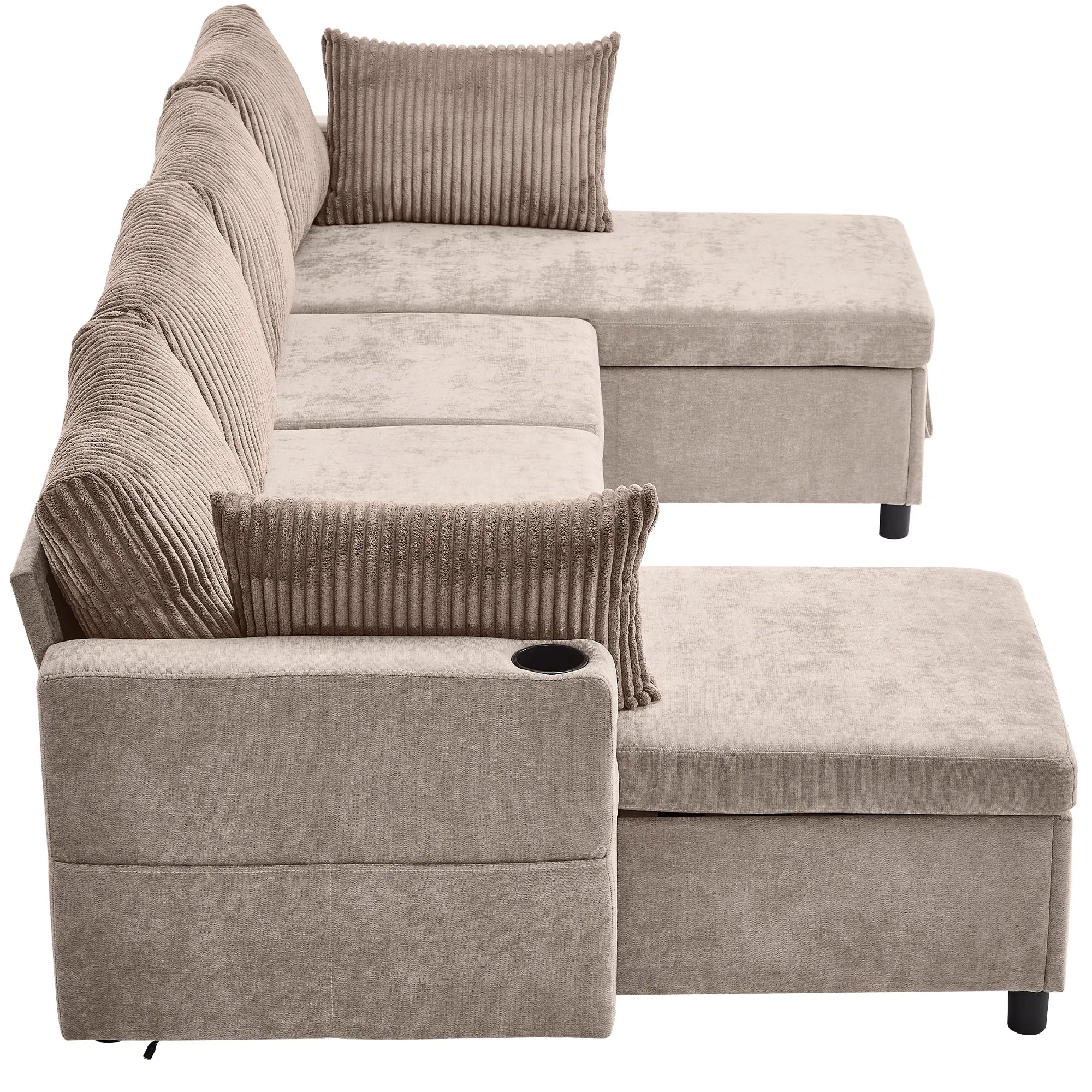 Corduroy Couch with Chaise Sleeper, Sectional Sofa Pull-Out, Brown