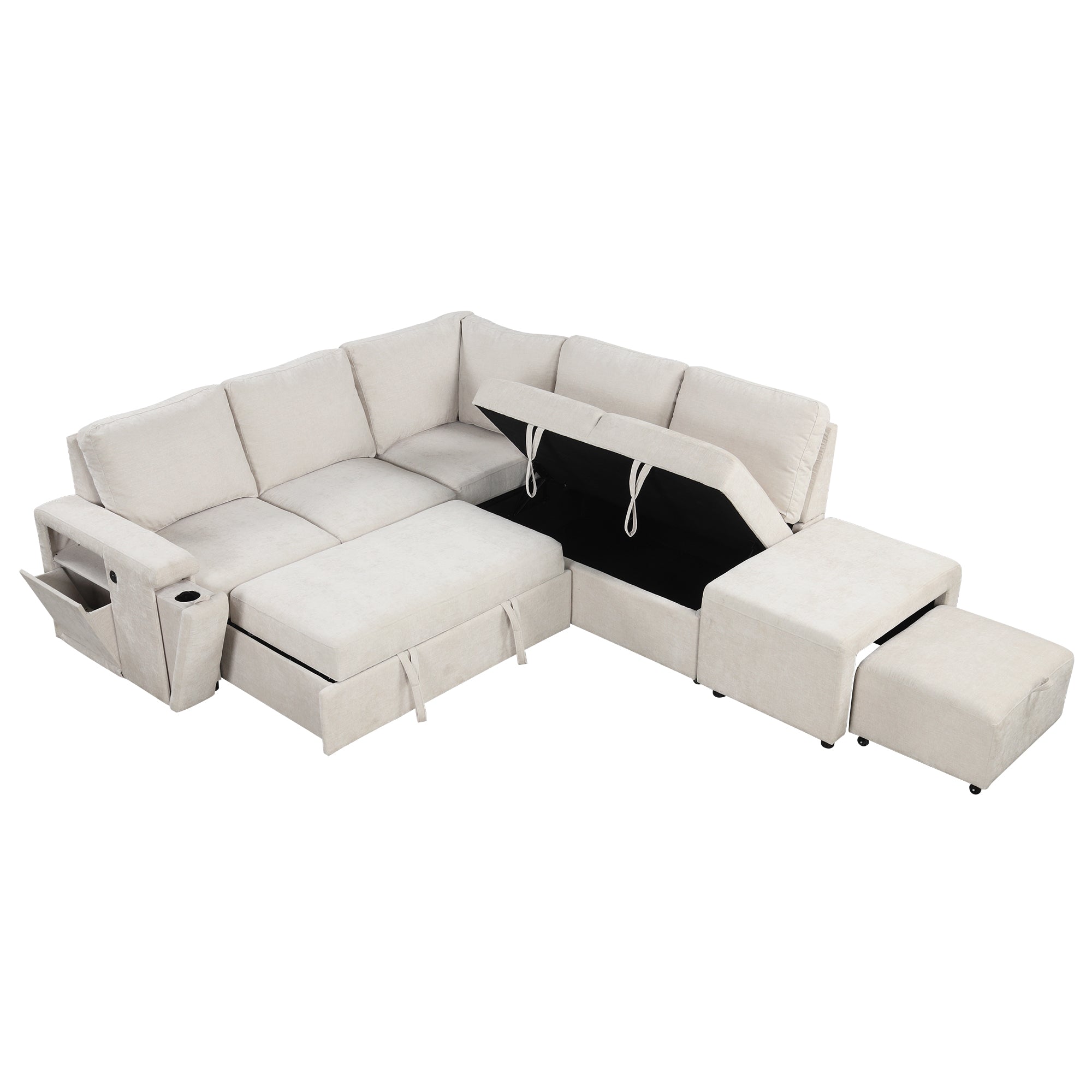 Sleeper Sectional, Sofa L Shape, Couch with Ottoman and Storage, Beige