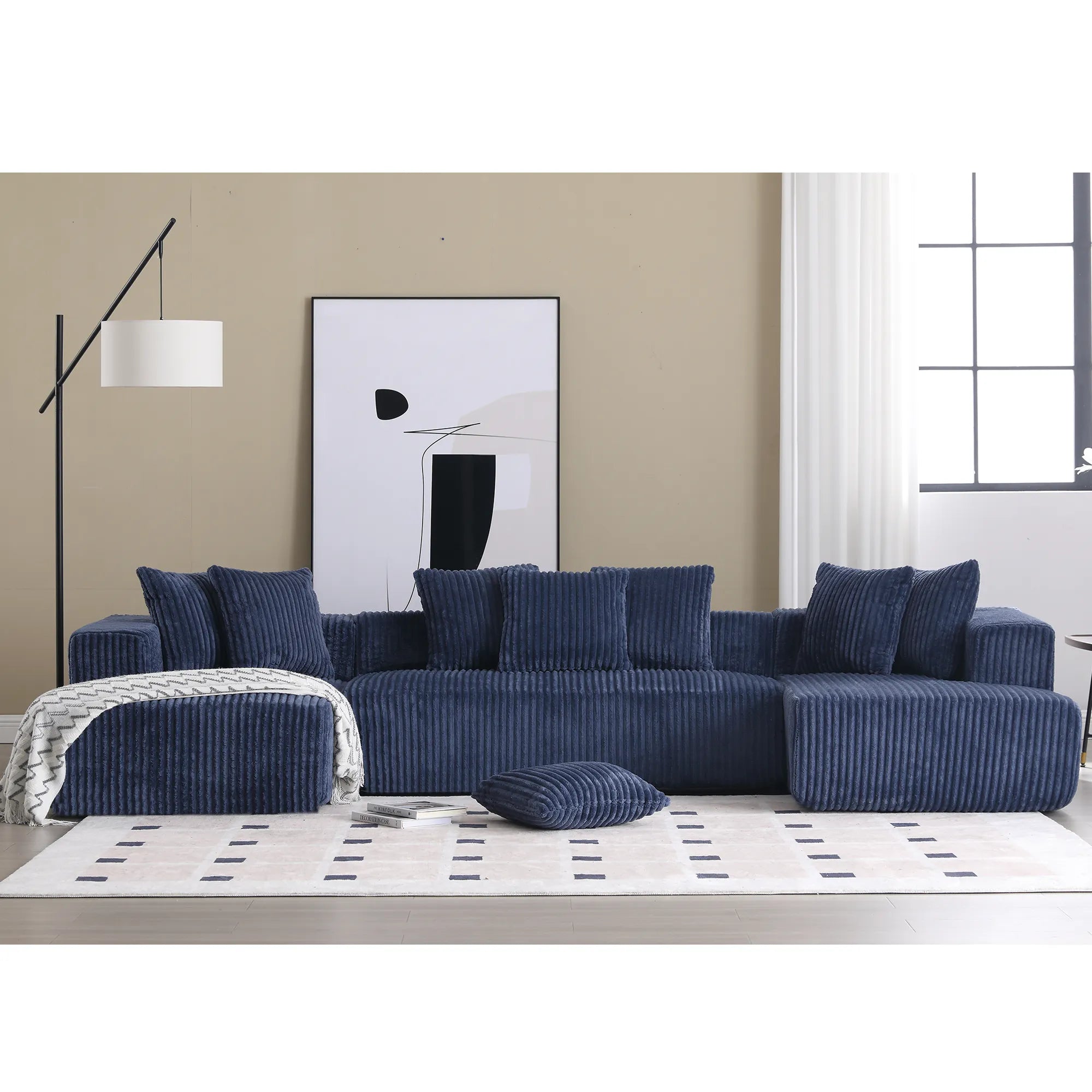 Modular U Shaped Sectional, Corduroy Couch with Double Chaise, Blue
