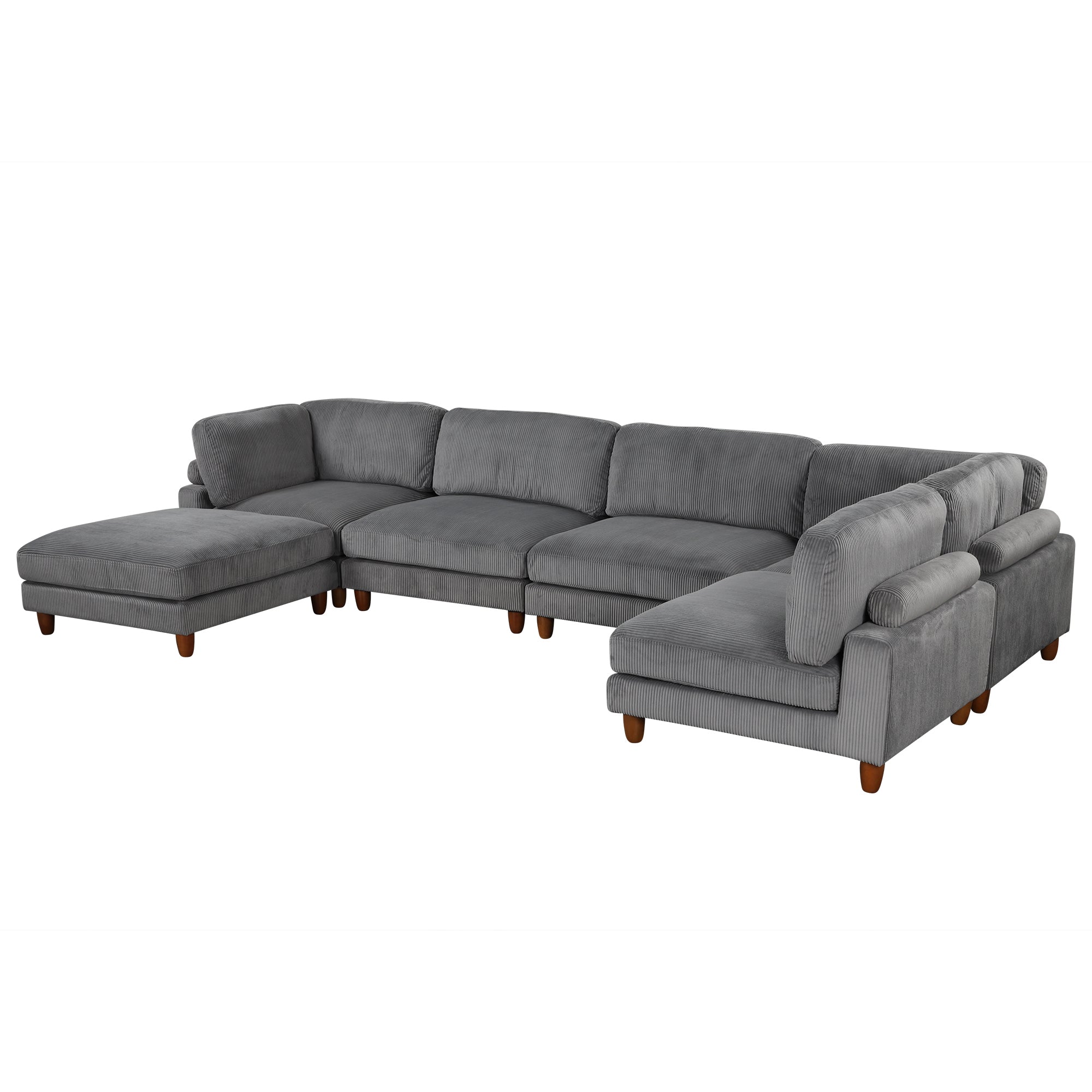 Large U-Shaped Sectional, Corduroy Couch with Ottoman, Gray