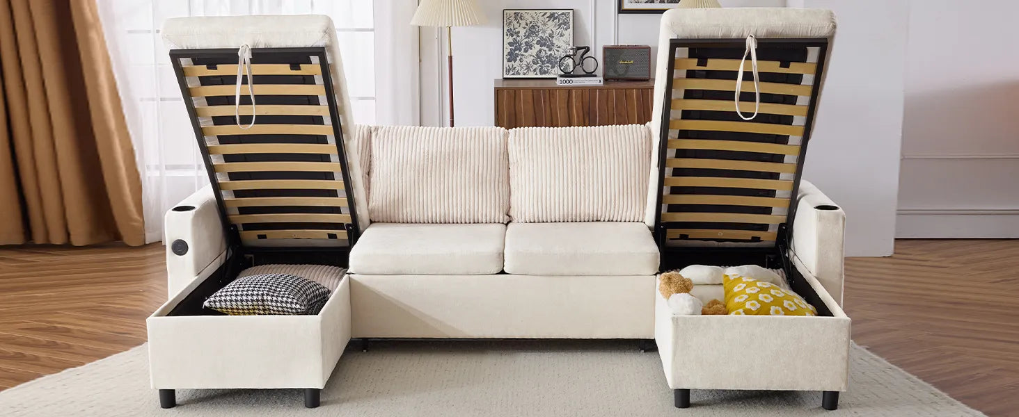Corduroy Couch with Chaise Sleeper, Sectional Sofa Pull-Out, Beige