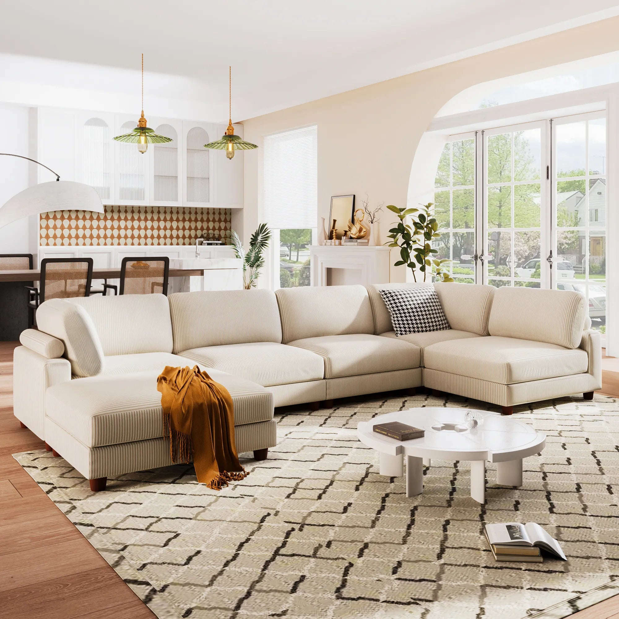 Large U-Shaped Sectional, Corduroy Couch with Ottoman, Beige