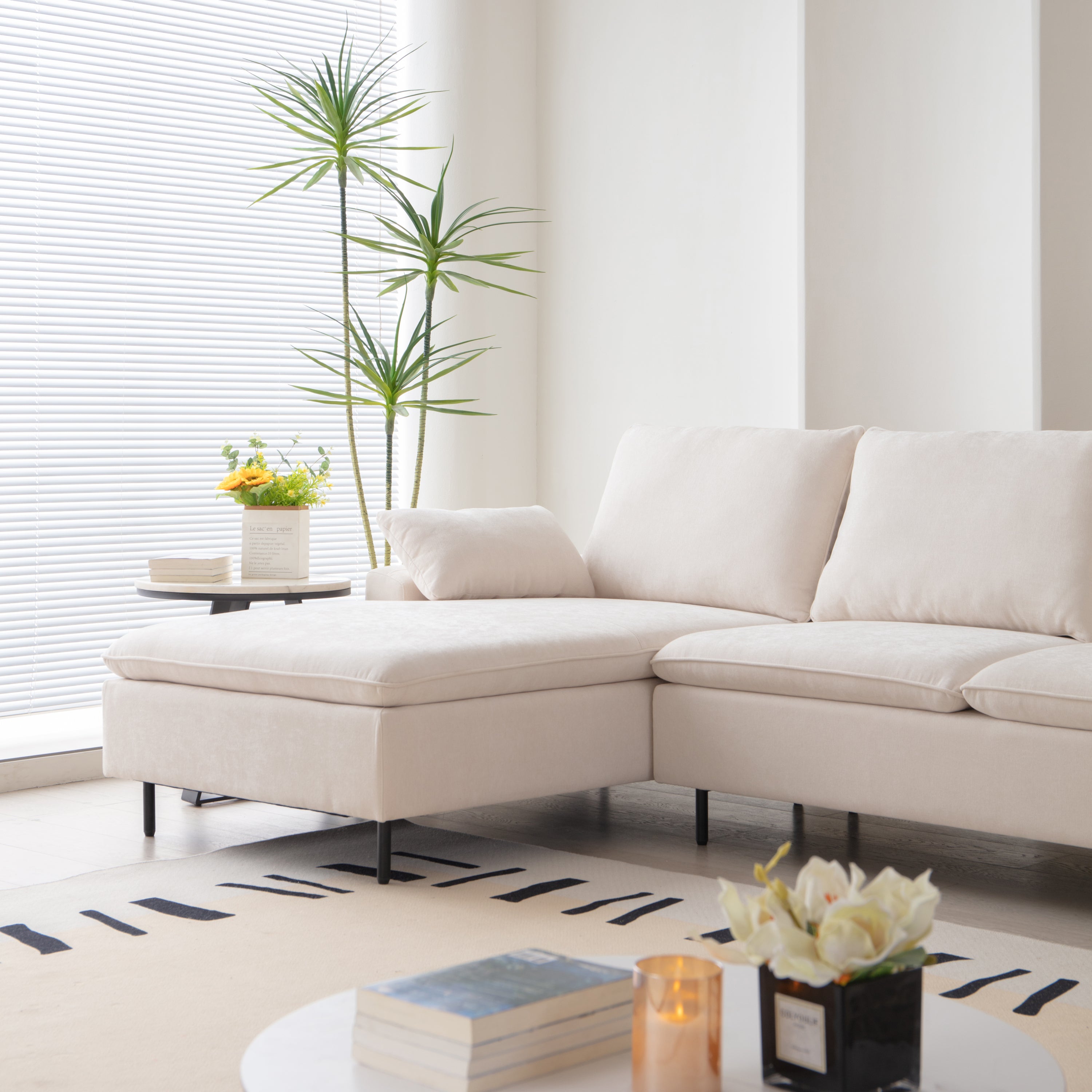 Modern U-Shaped Beige Sectional Sofa, Double Chaise Couch, Beige