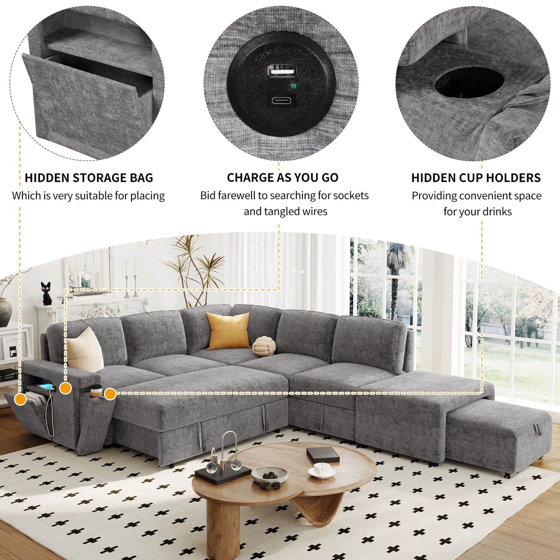 Sleeper Sectional, Sofa L Shape, Couch with Ottoman and Storage, Gray