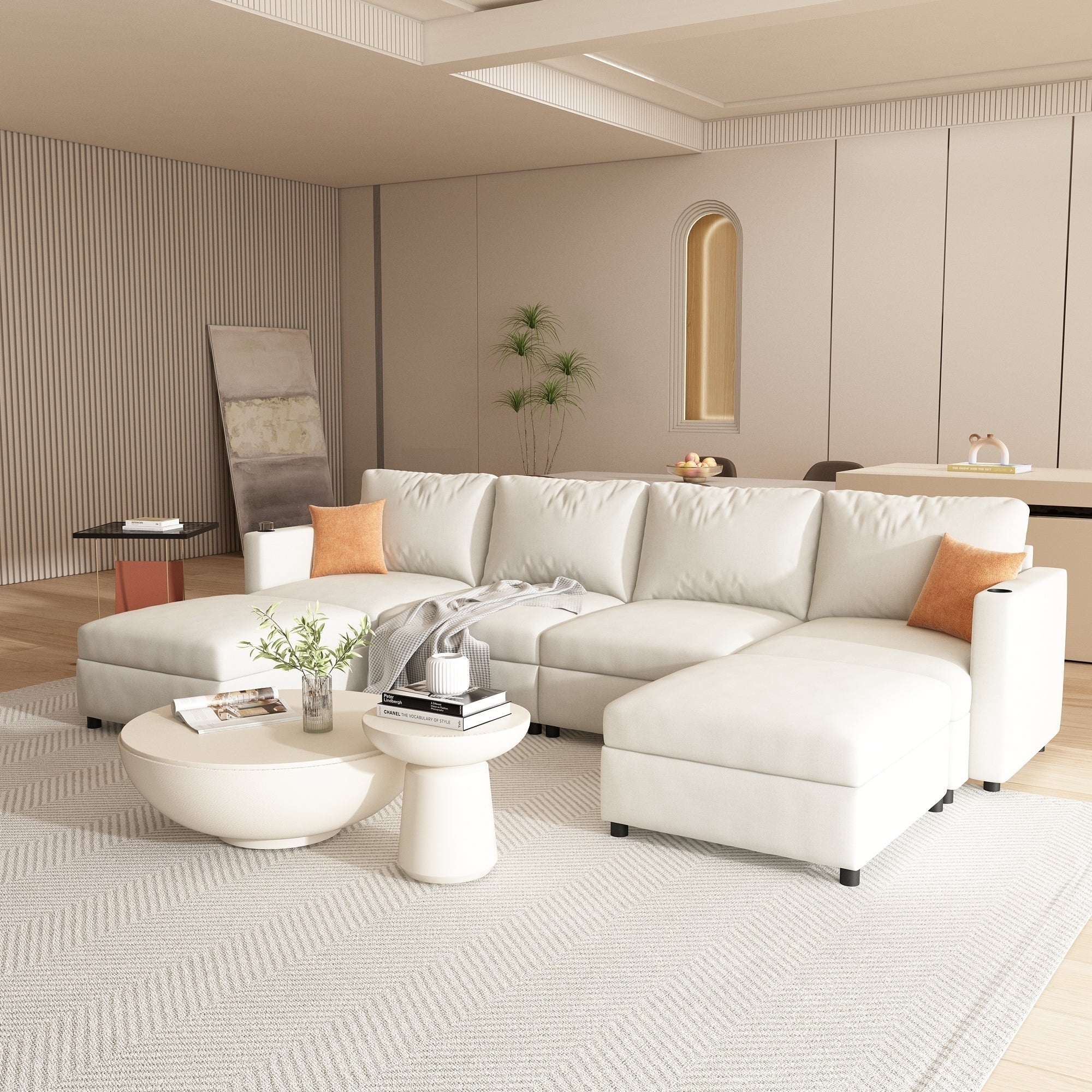 Large Sectional Couch with Storage, Sofa with Chaise- Beige