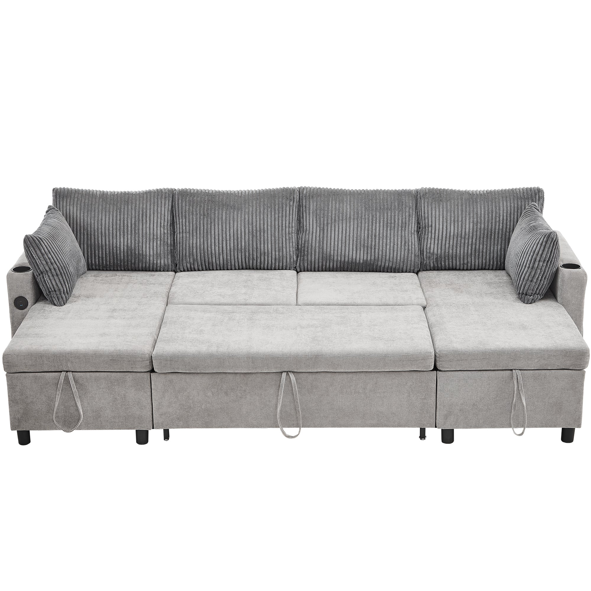 Corduroy Couch with Chaise Sleeper, Sectional Sofa Pull-Out, Grey