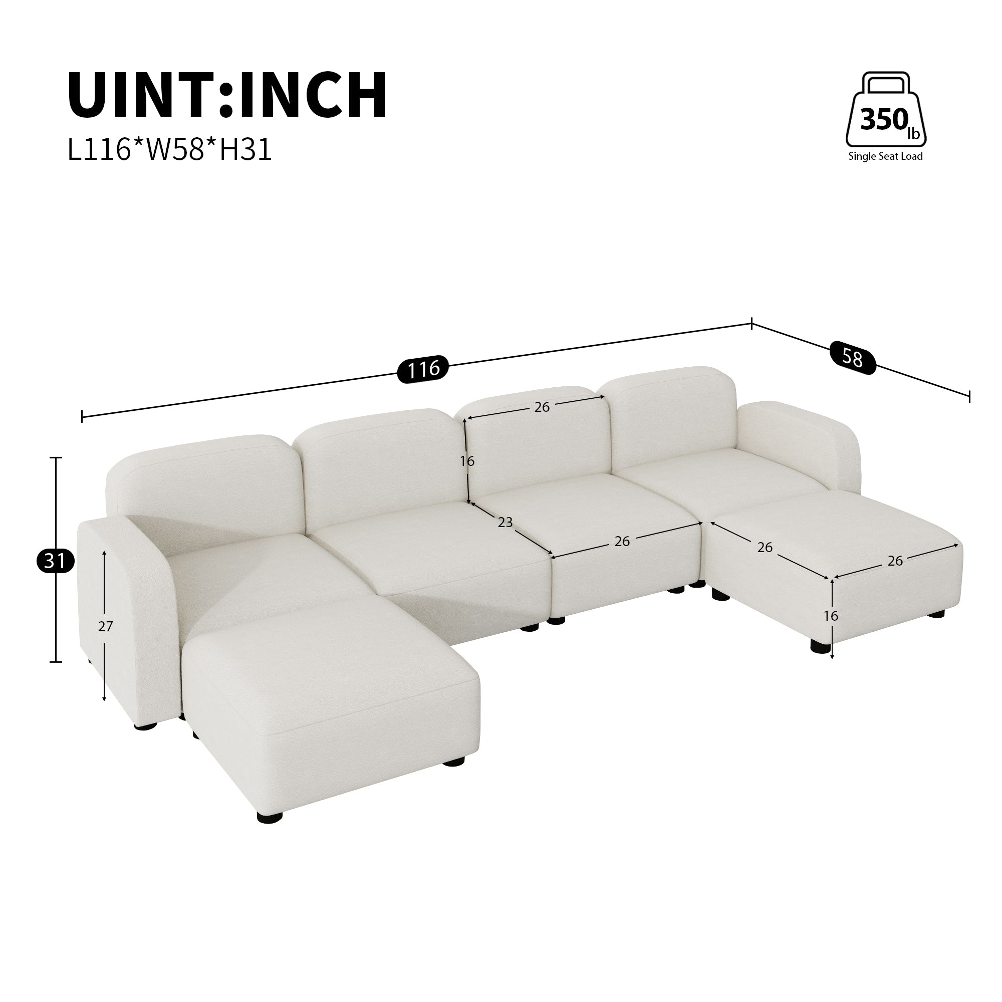 Modern U Shaped Sectional, Modular Comfy Couch with Ottoman, Beige