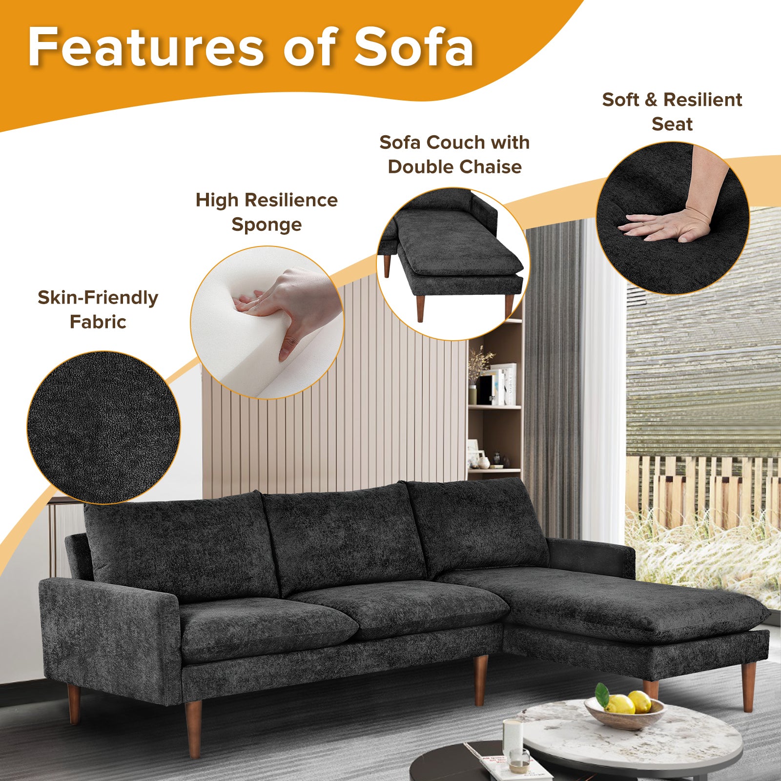 Louie Small Velvet Couch, L Shape Sofa with Chaise, Black