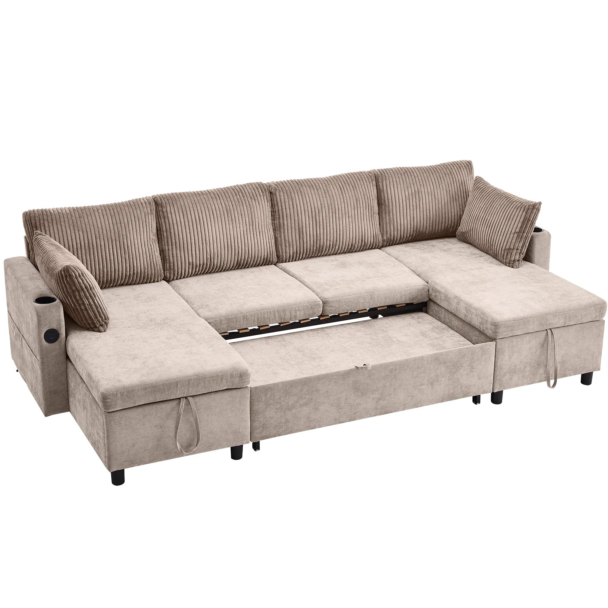 Corduroy Couch with Chaise Sleeper, Sectional Sofa Pull-Out, Brown