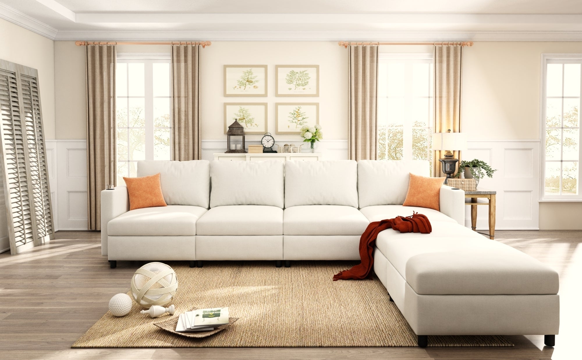 Large Sectional Couch with Storage, Sofa with Chaise- Beige