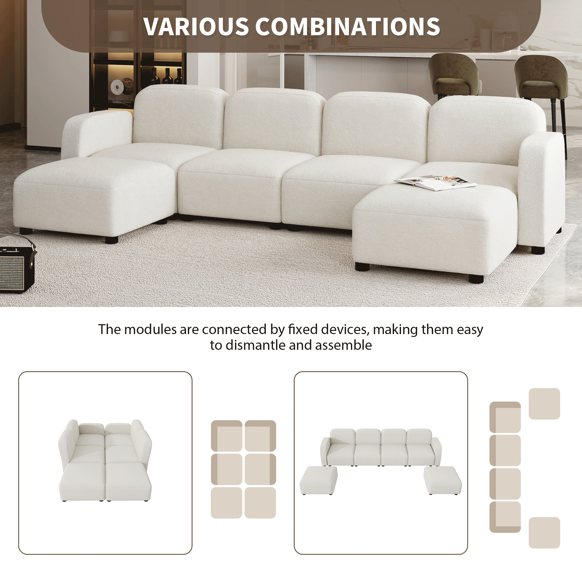Modern U Shaped Sectional, Modular Comfy Couch with Ottoman, Beige