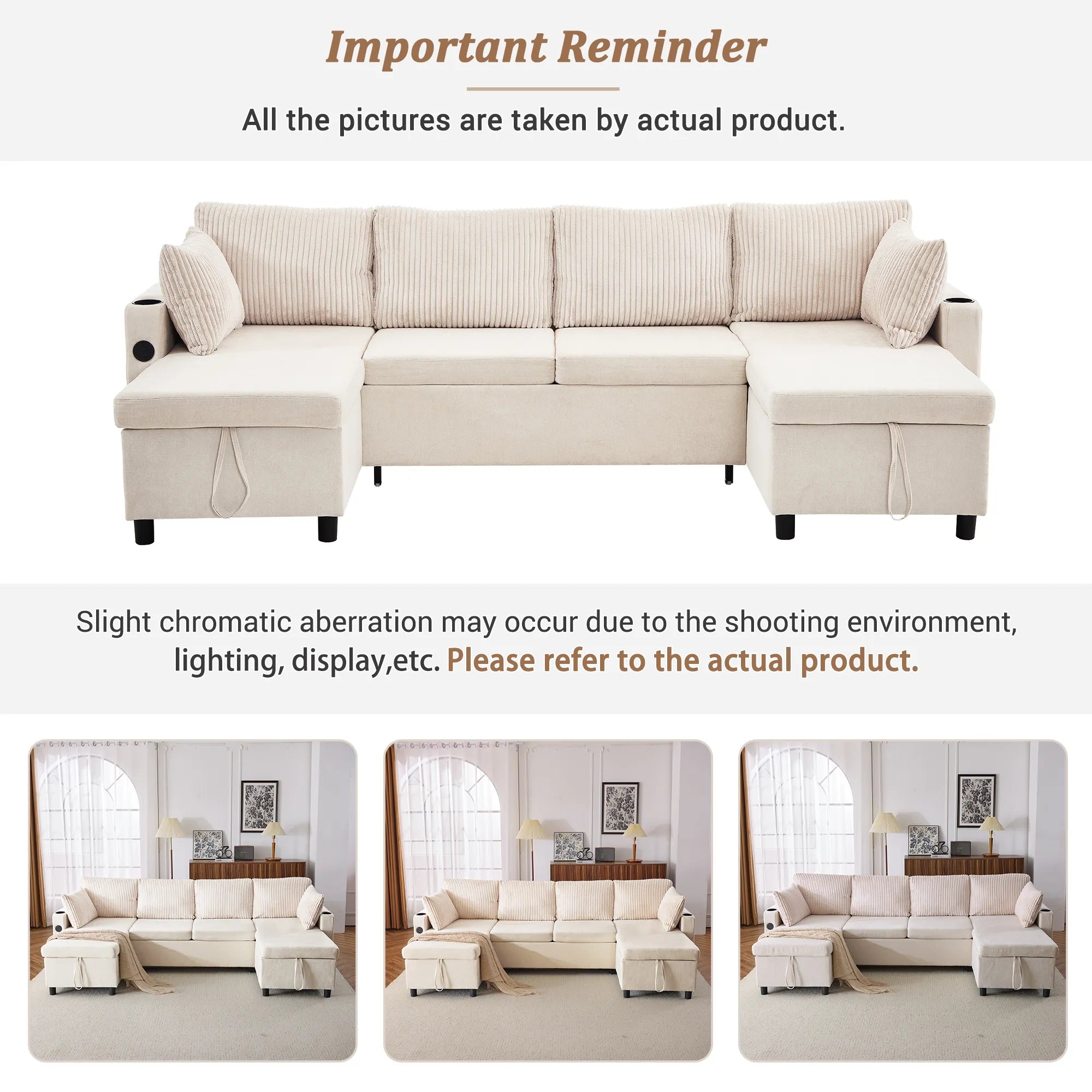 Corduroy Couch with Chaise Sleeper, Sectional Sofa Pull-Out, Beige