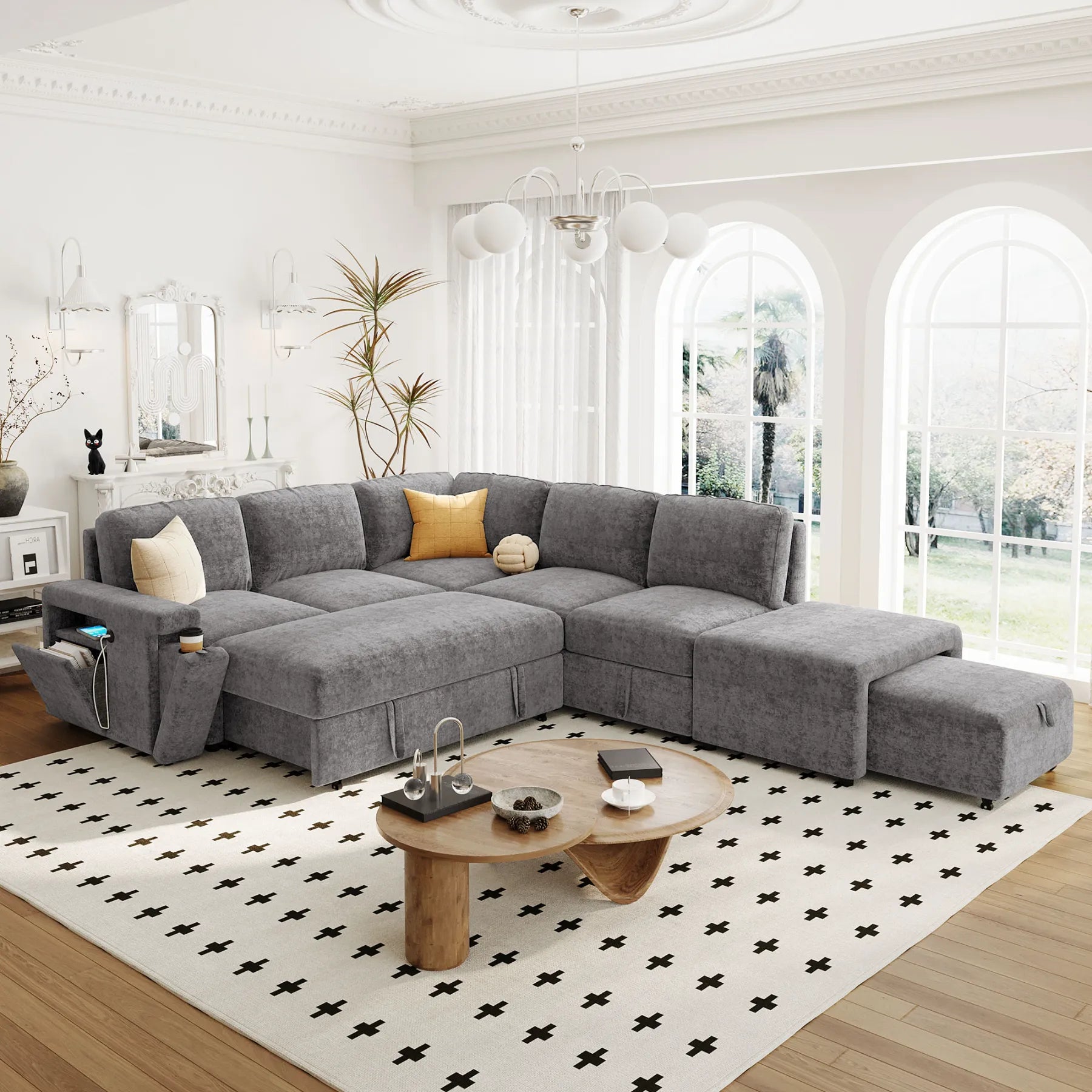 Sleeper Sectional, Sofa L Shape, Couch with Ottoman and Storage, Gray