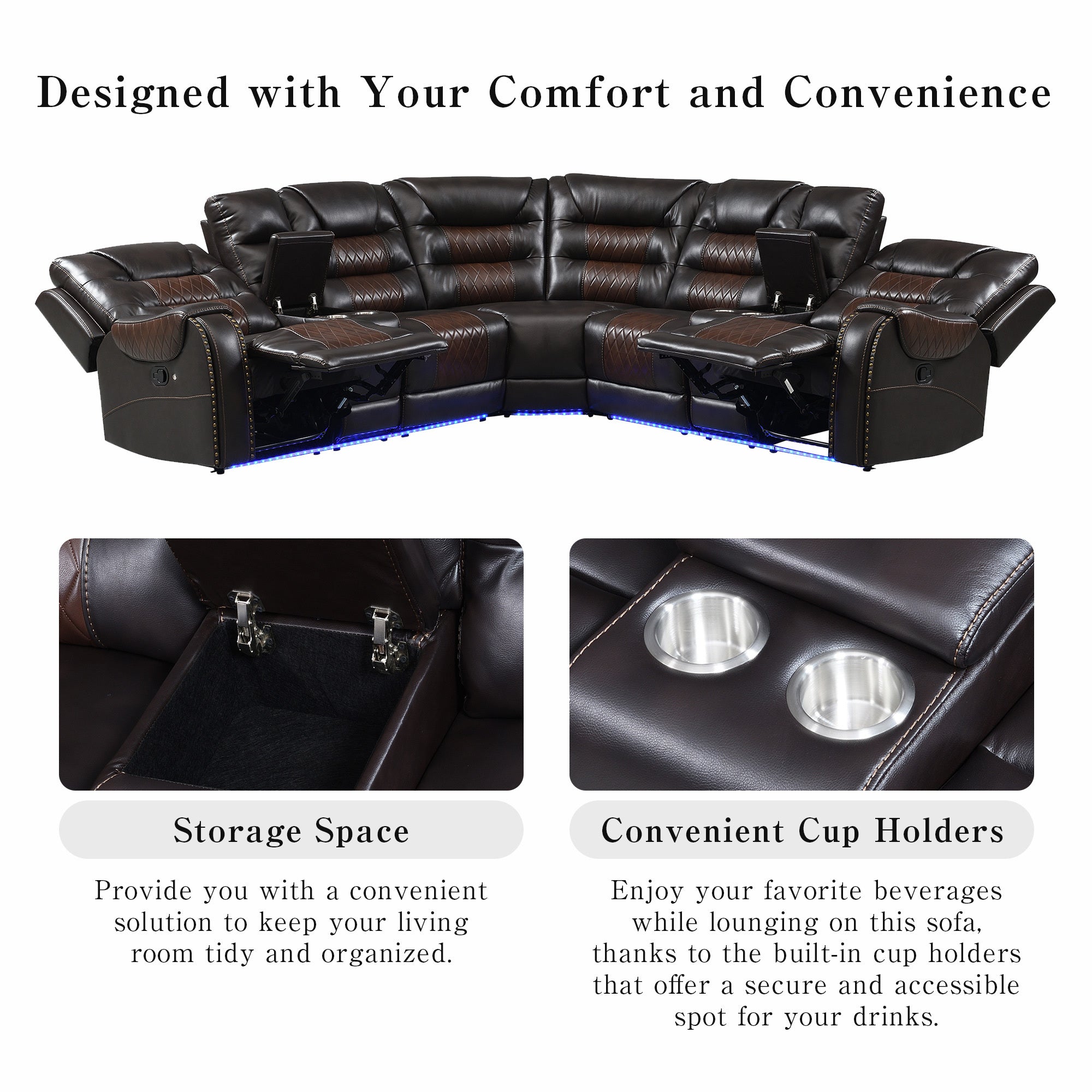 Luxury Reclining Sofa, Corner Sectional Couch Recliner, Brown