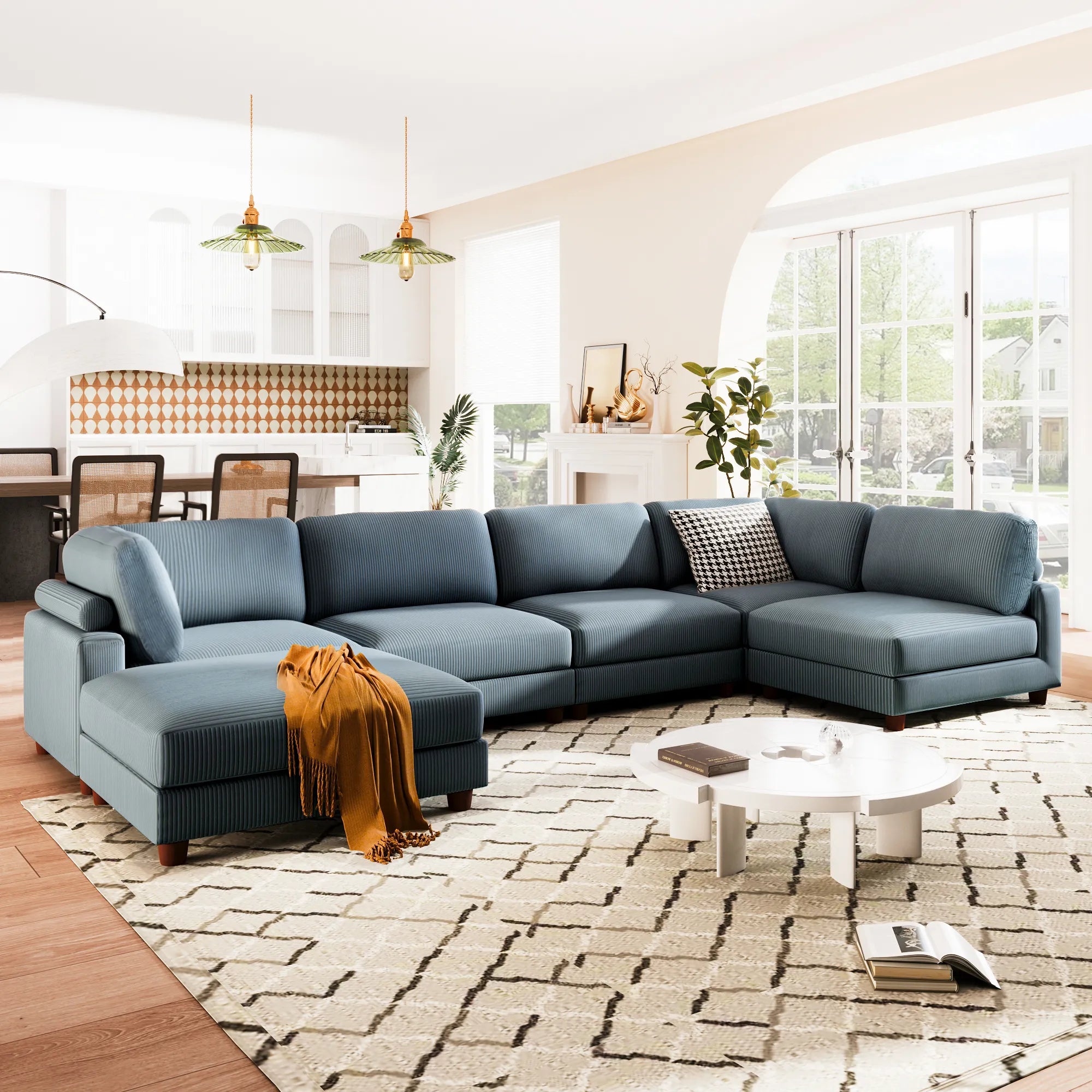 Large U-Shaped Sectional, Corduroy Couch with Ottoman, Blue