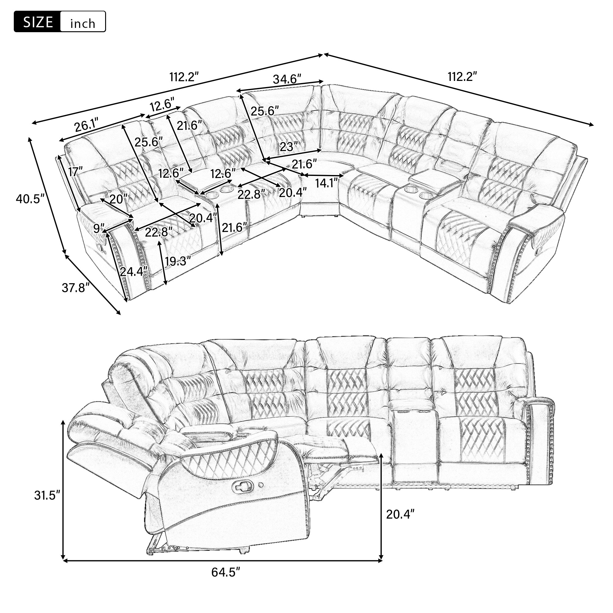 Luxury Reclining Sofa, Corner Sectional Couch Recliner, Brown