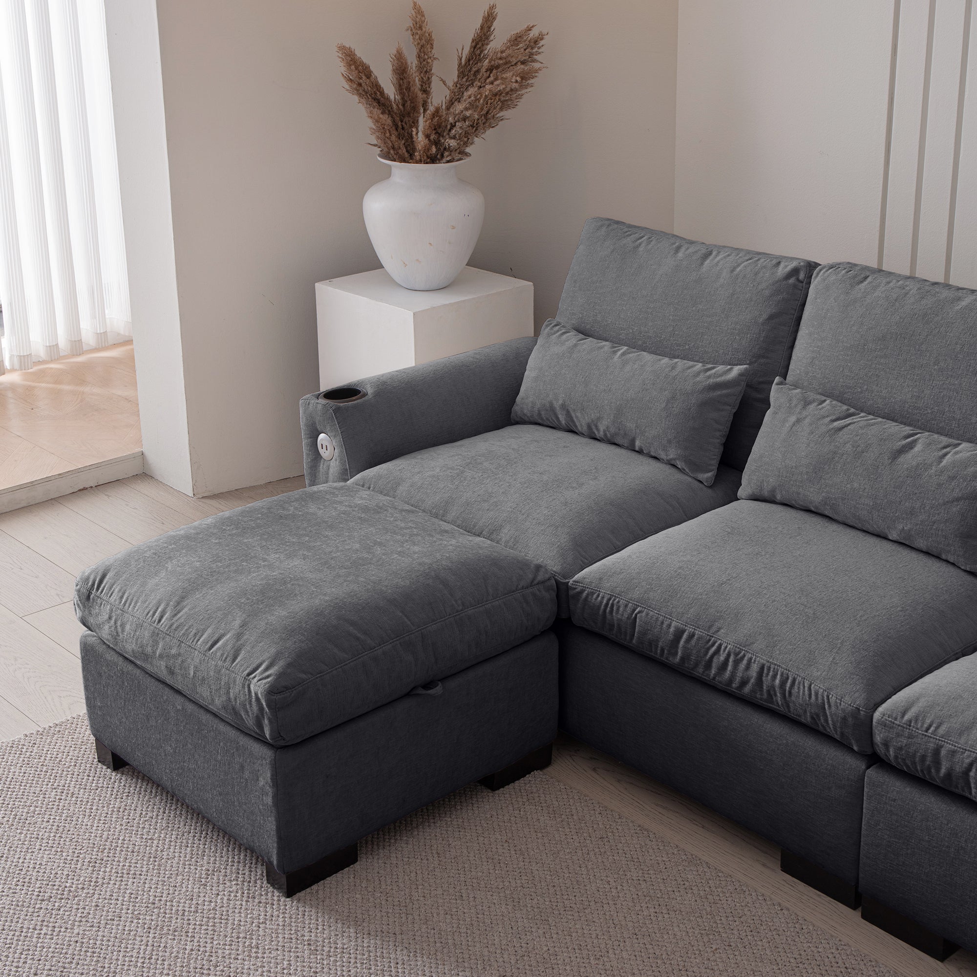 Louie Sectional Couch with Chaise, Sofa L-Shape with Ottoman Storage - Gray