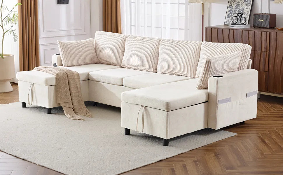 Corduroy Couch with Chaise Sleeper, Sectional Sofa Pull-Out, Beige