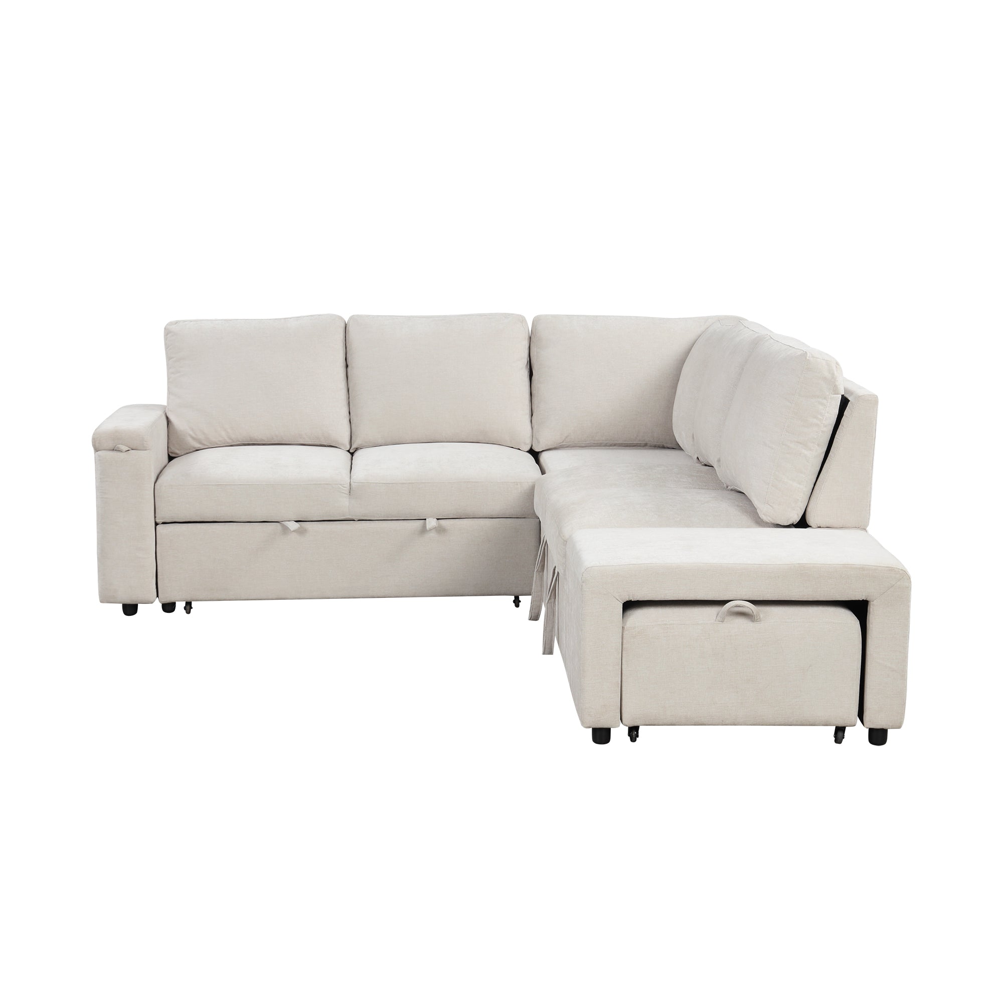 Sleeper Sectional, Sofa L Shape, Couch with Ottoman and Storage, Beige