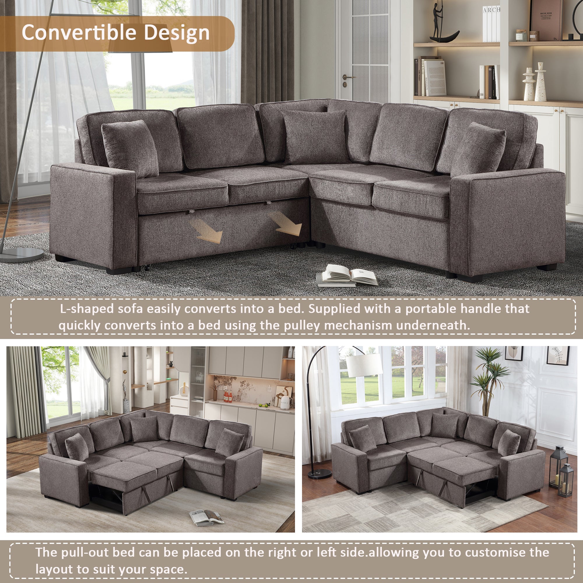 Louie Sleeper Sectional, Couch L Shape - Brown